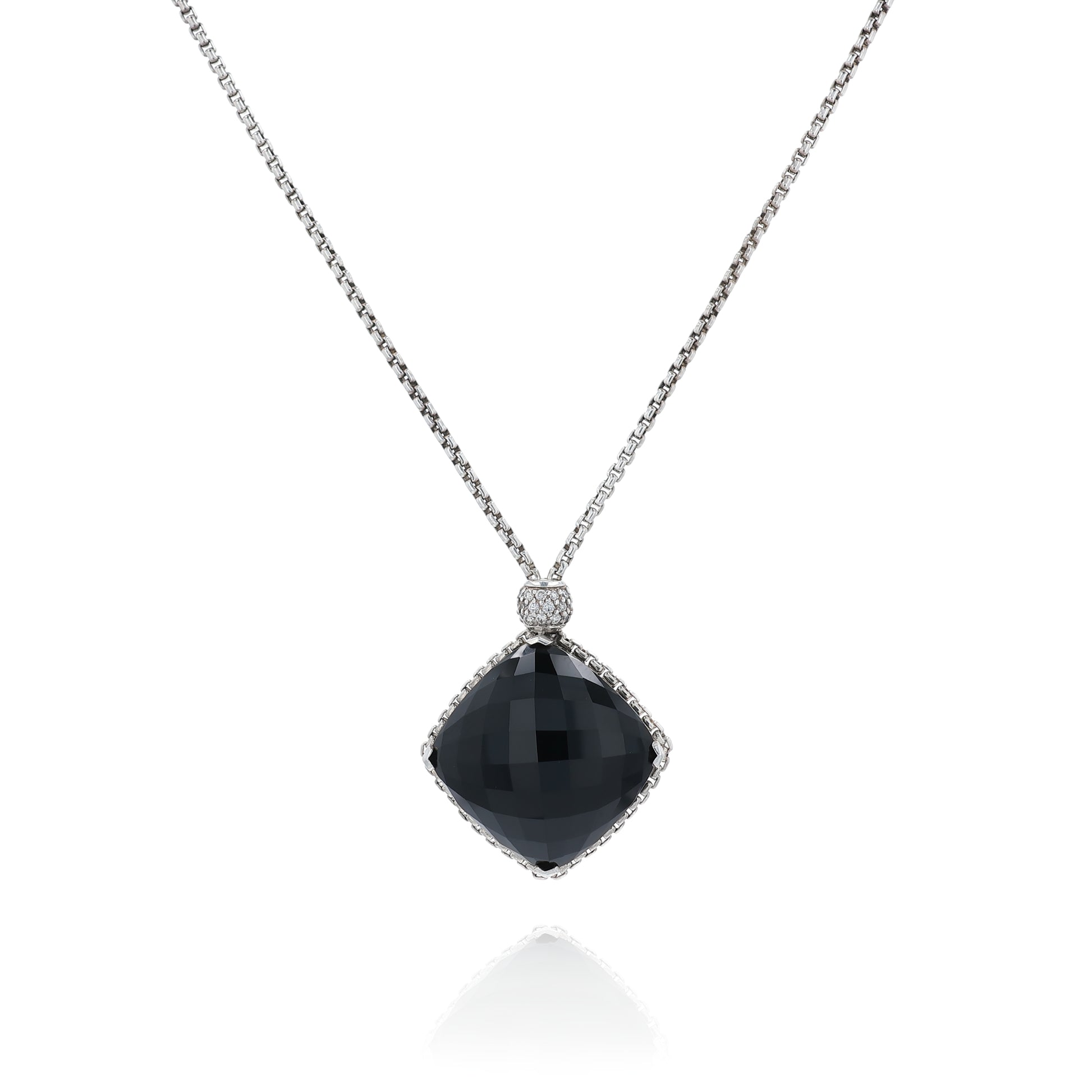 David Yurman silver pendant necklace with a faceted black onyx center and a pave diamond bail on a white background