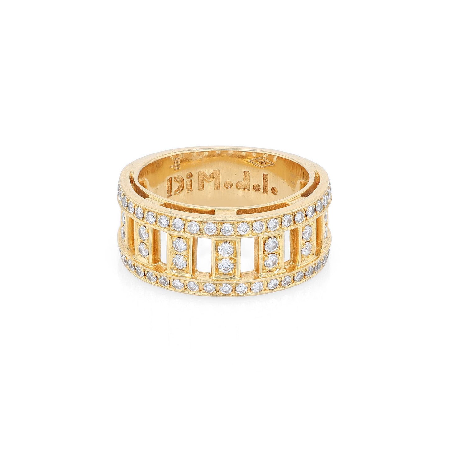 Yellow gold DiModolo branded fence link design diamond wedding band on a white background