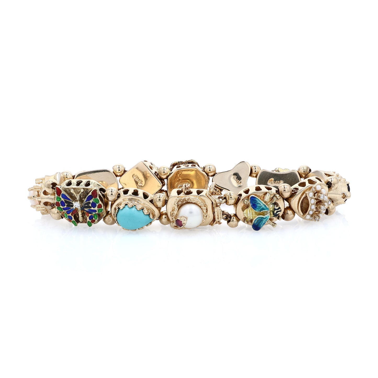 Estate 14k Yellow Gold Multi-Gemstone and Enamel Antique Slide Bracelet