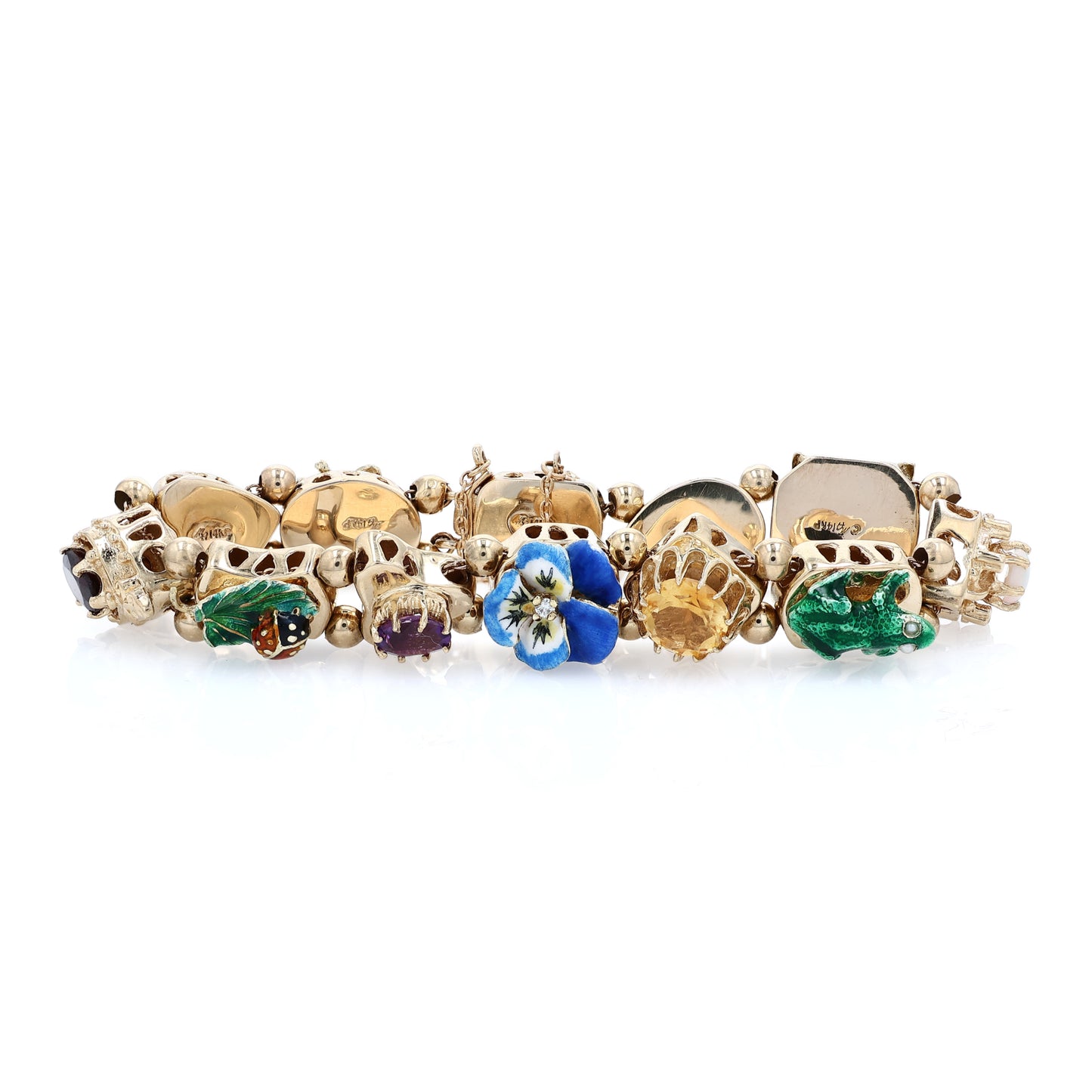 Estate 14k Yellow Gold Multi-Gemstone and Enamel Antique Slide Bracelet