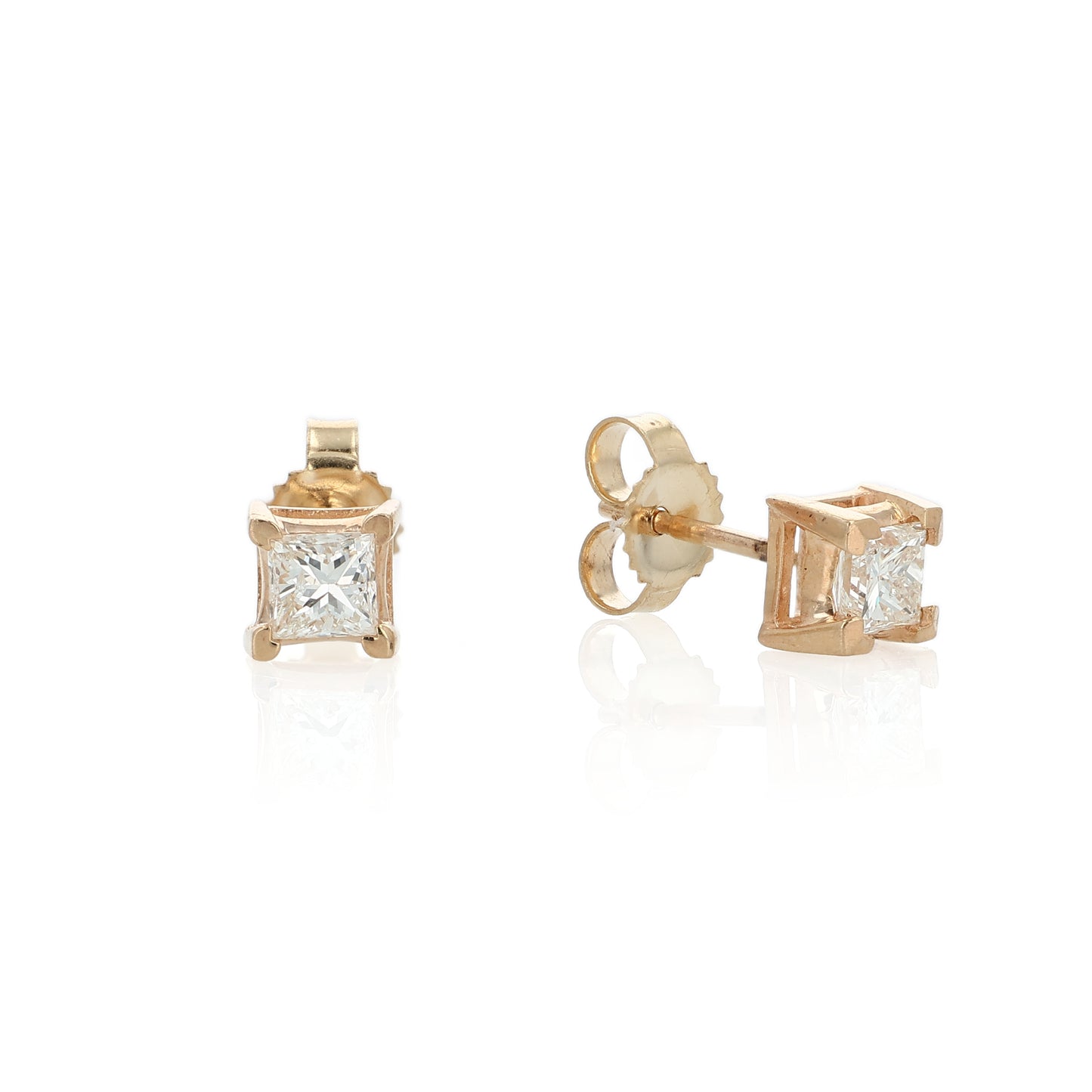 Yellow gold princess cut diamond stud earrings totaling 0.48 carats on a white background