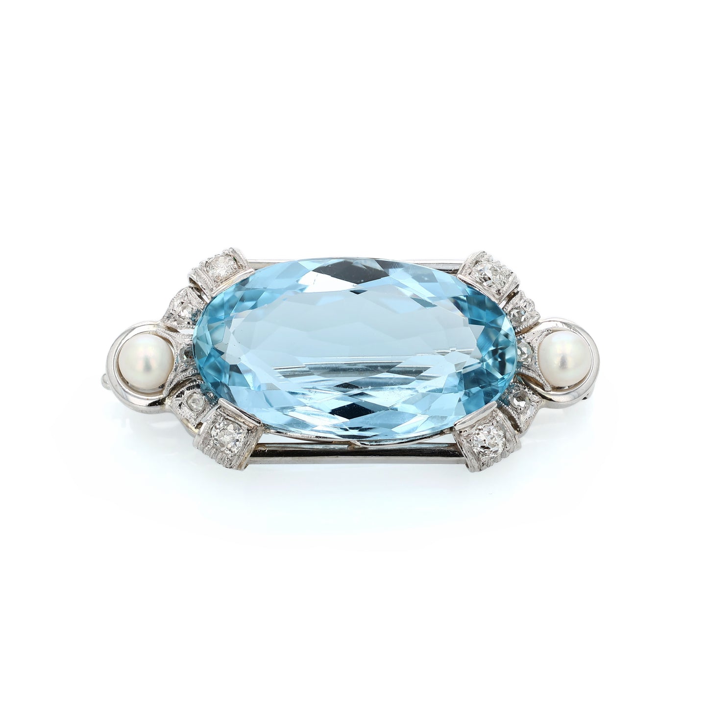 Estate 14k White Gold Oval Aquamarine, Pearl and Diamond Pin