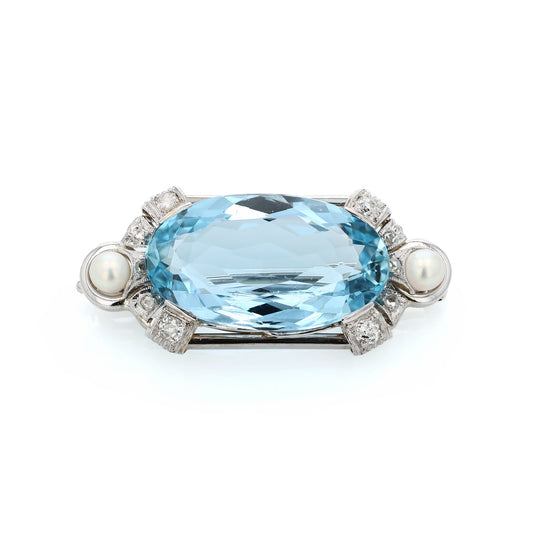 Estate 14k White Gold Oval Aquamarine, Pearl and Diamond Pin
