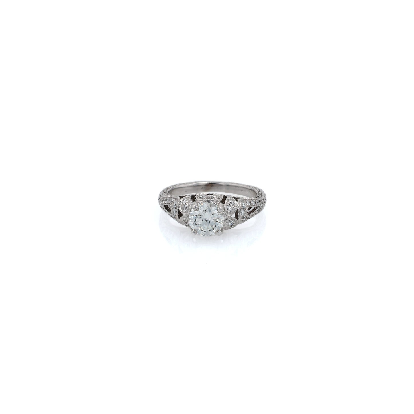 Estate 18k White Gold Diamond Hand Engraved Engagement Ring