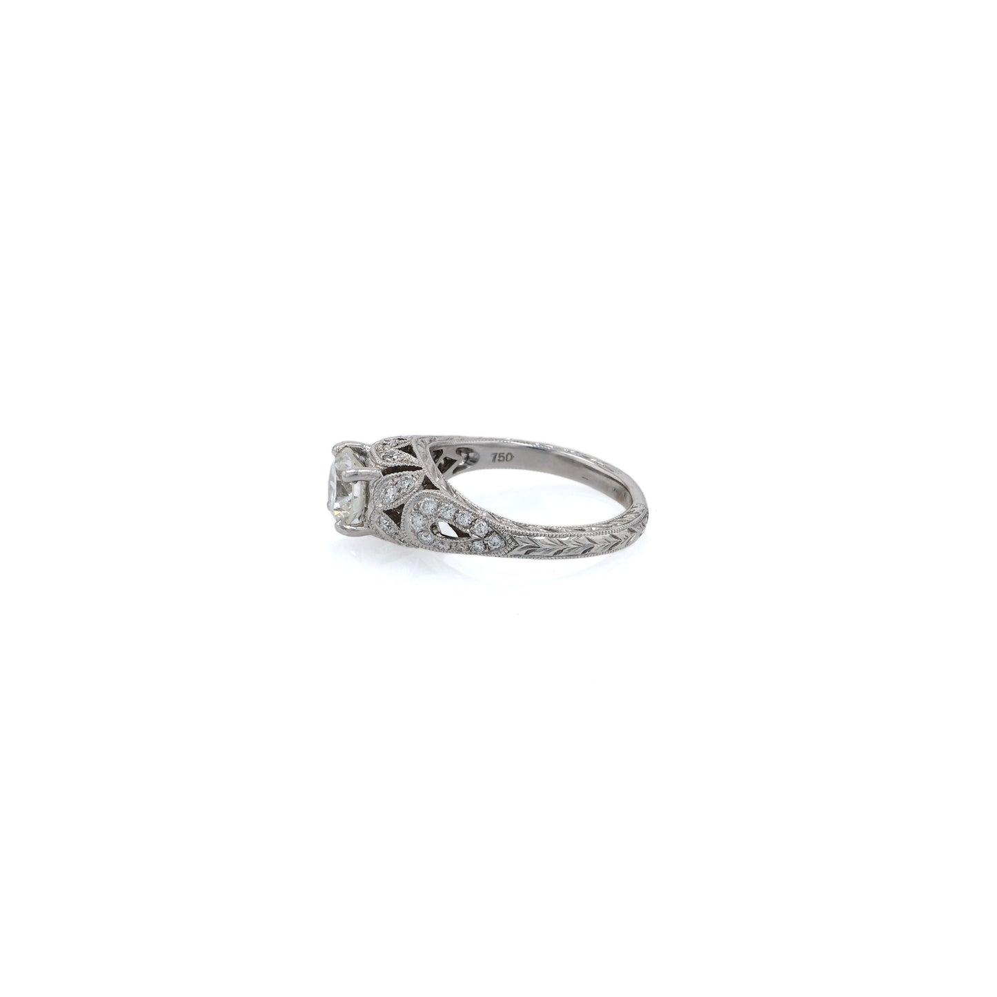 Estate 18k White Gold Diamond Hand Engraved Engagement Ring