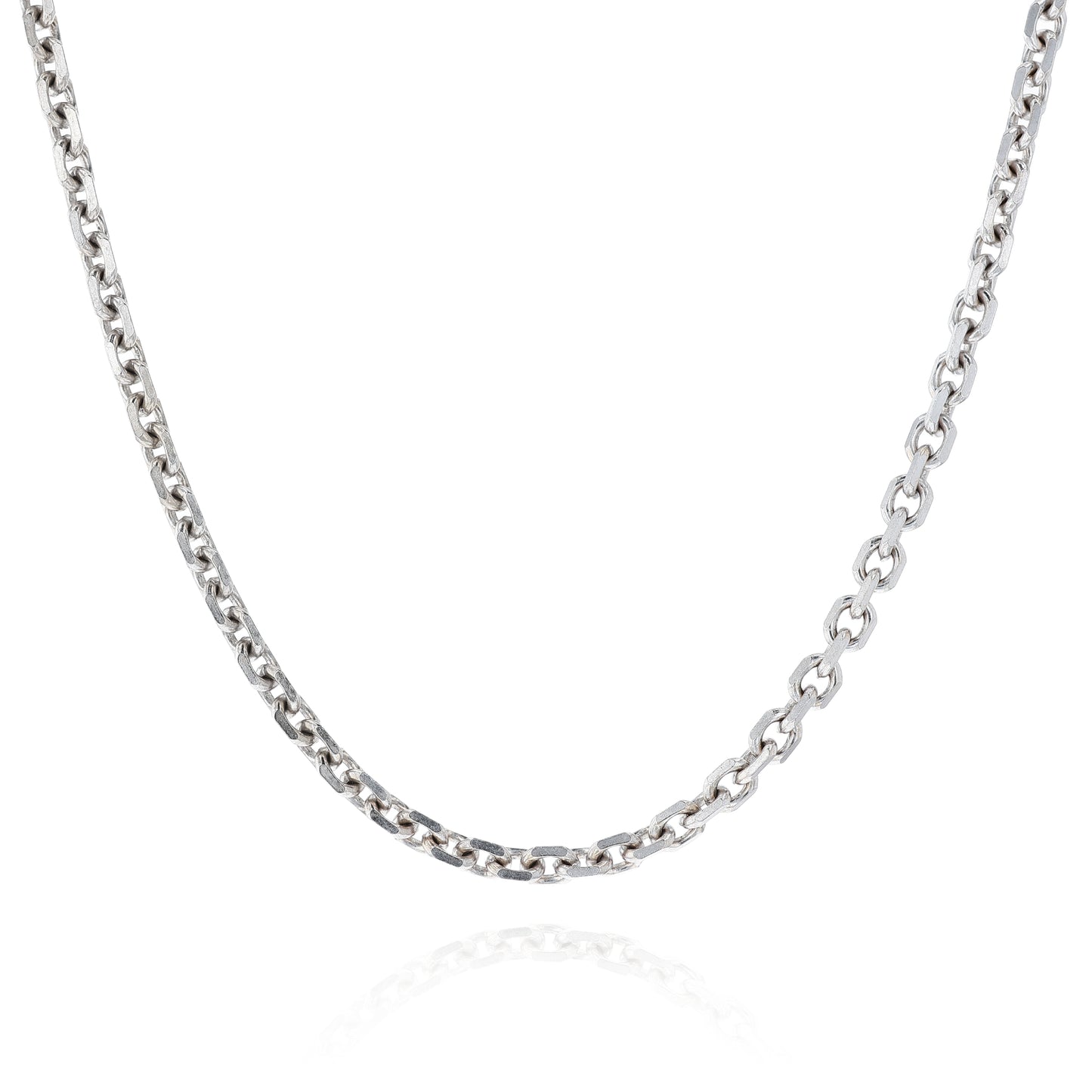 White gold 5.1mm squared oval link chain necklace on a white background
