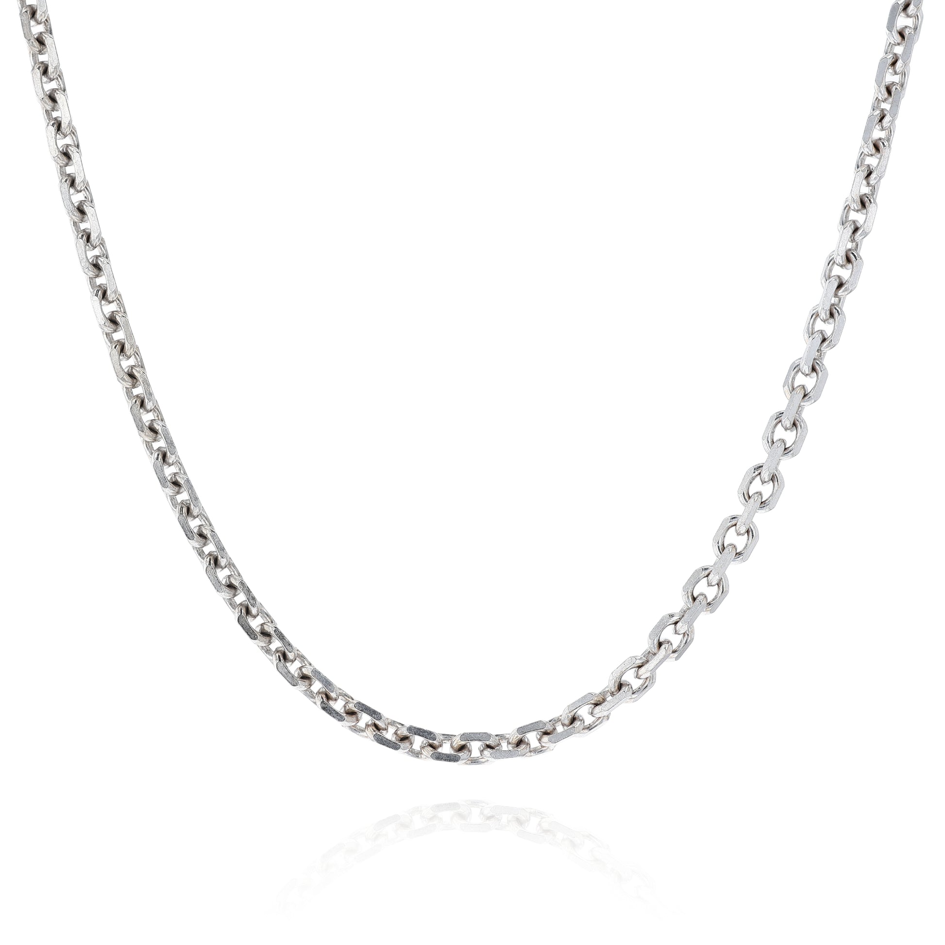 White gold 5.1mm squared oval link chain necklace on a white background