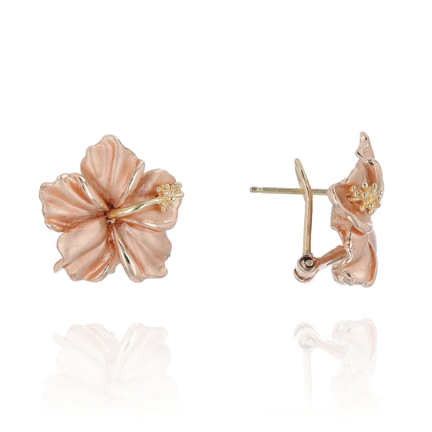 Estate 14k Rose Gold Brushed and Polished Hibiscus Flower Stud Earrings
