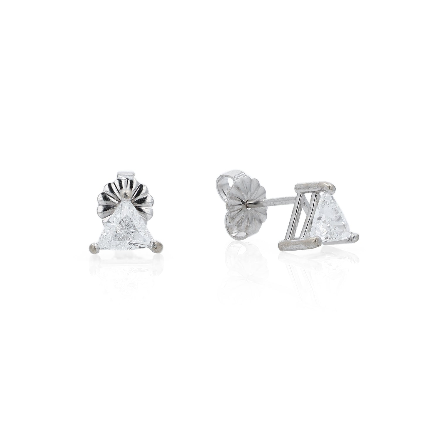 White gold trillion cut diamond stud earrings totaling 0.76 carats on a white background