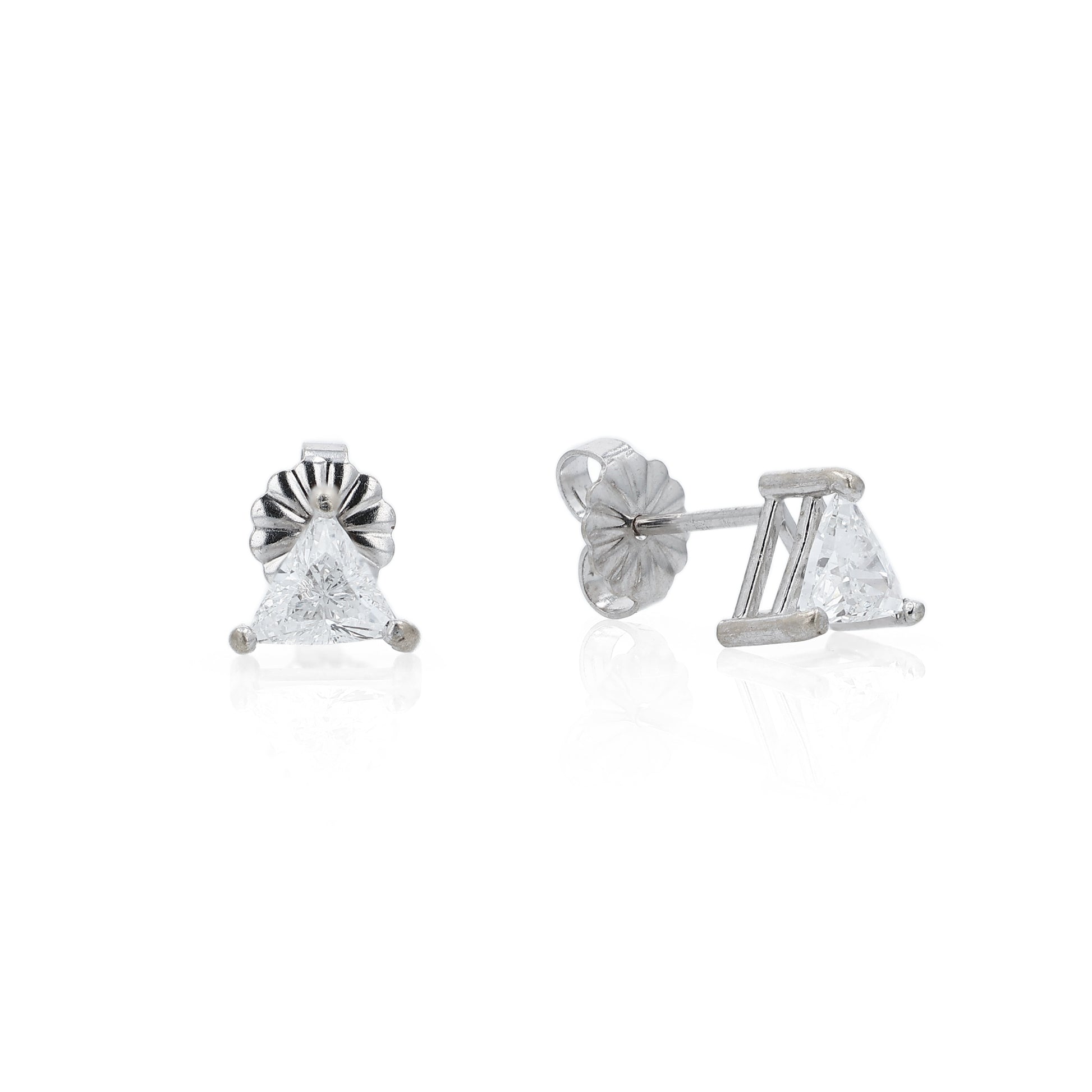 White gold trillion cut diamond stud earrings totaling 0.76 carats on a white background