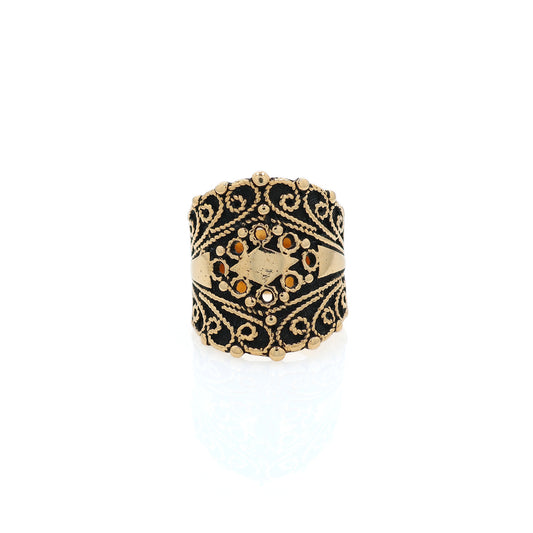 Estate 14k Yellow Gold Wide Tapered Antiqued Scrollwork Design Ring