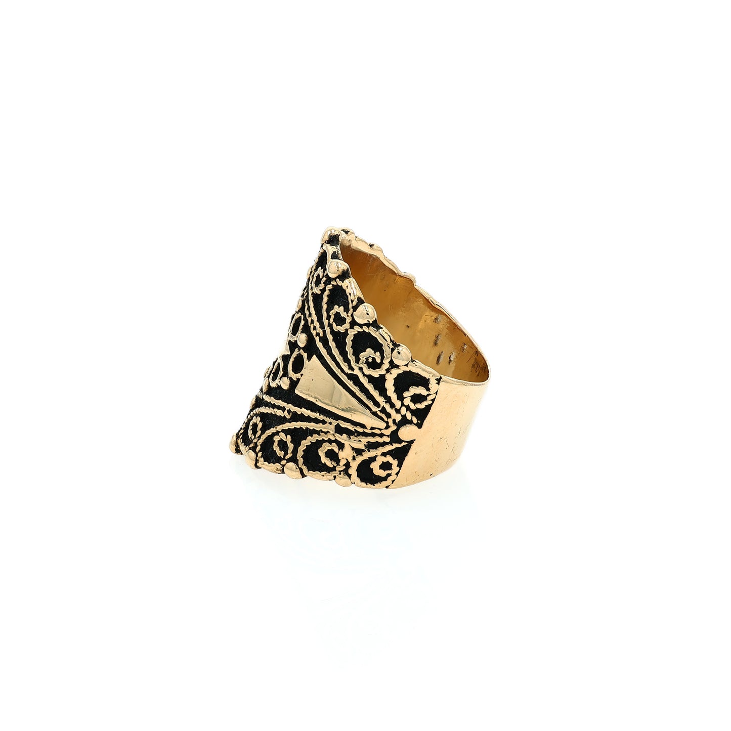 Estate 14k Yellow Gold Wide Tapered Antiqued Scrollwork Design Ring