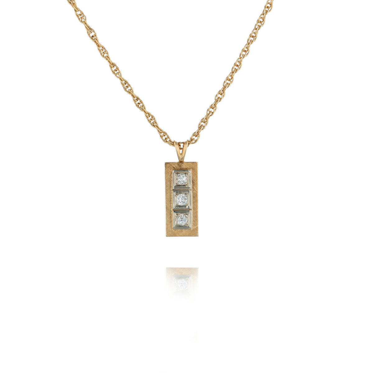 Estate 14k Two-Tone Rectangular Brushed Bar Diamond Pendant Necklace