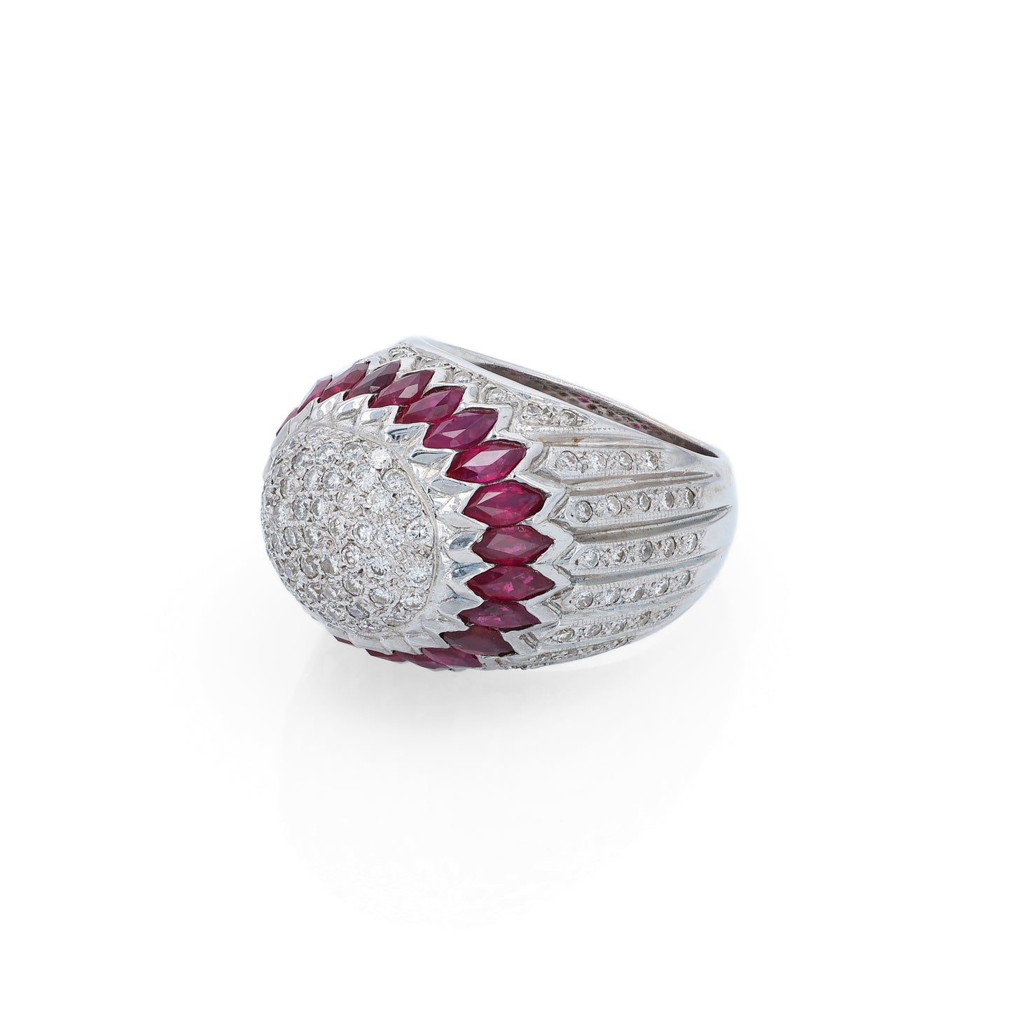 Elegant white gold ring with marquise rubies and diamond accents on a white background