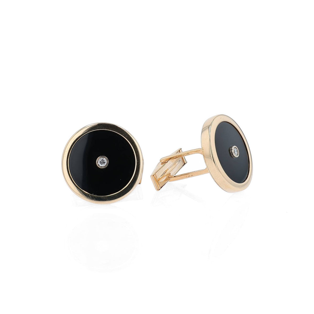 Estate 14k Yellow Gold Diamond and Onyx Round Cufflinks