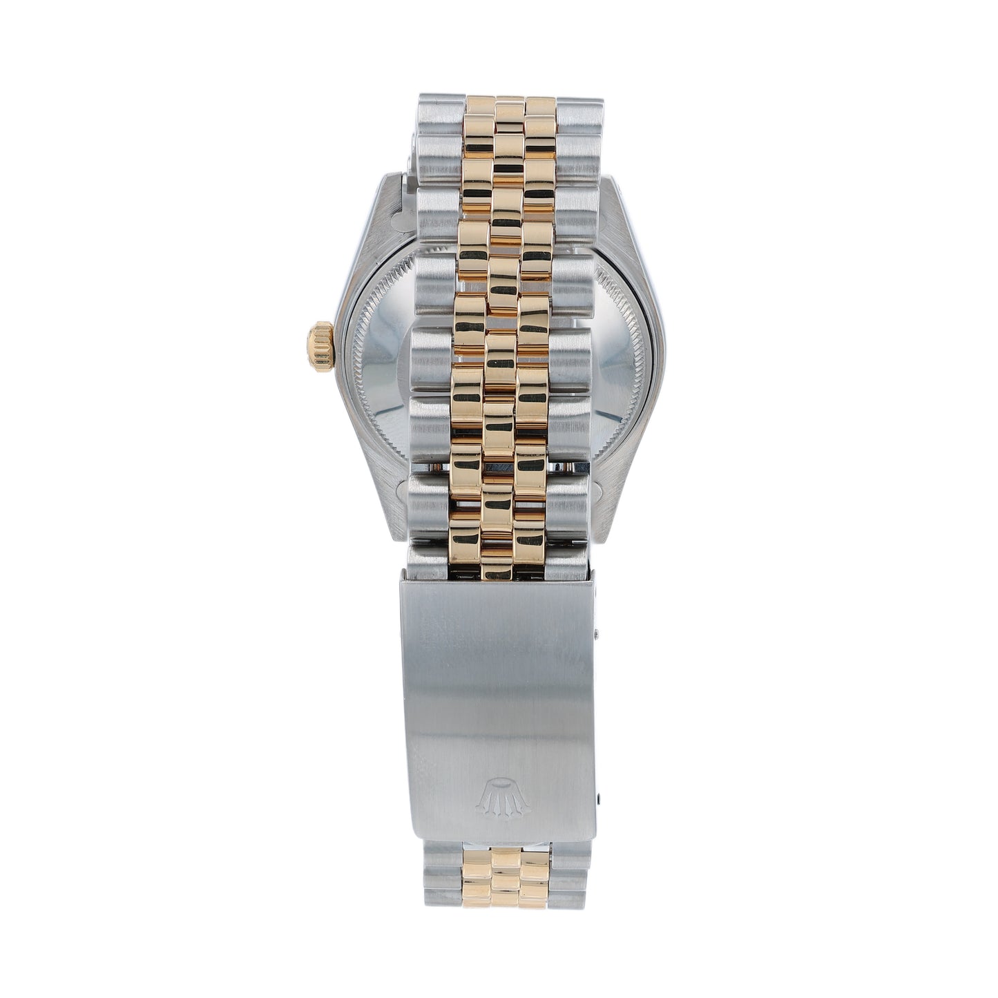 Back angle of a steel and yellow gold Rolex watch on a white background
