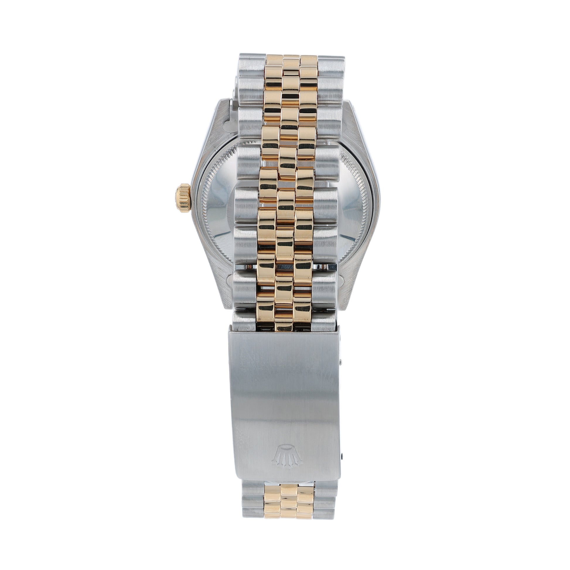 Back angle of a steel and yellow gold Rolex watch on a white background