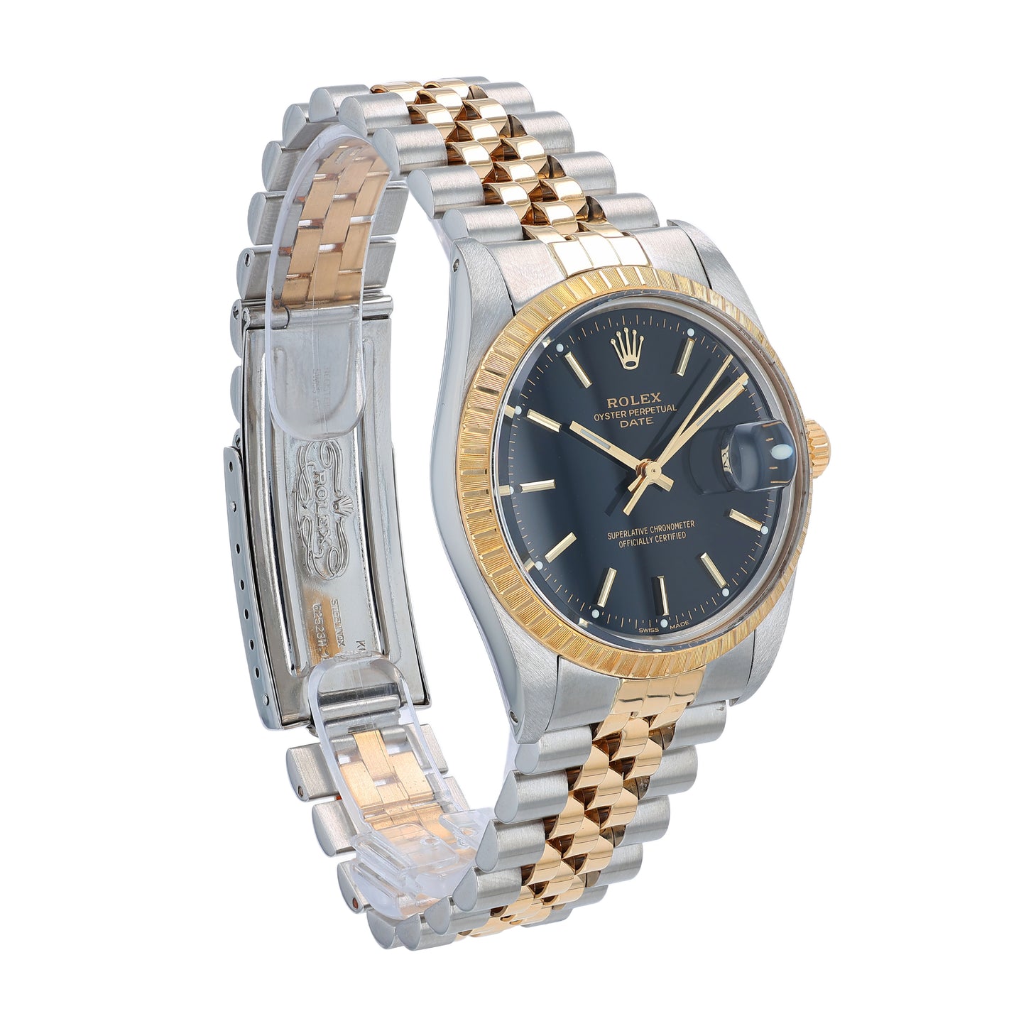 Angle of a steel and yellow gold Rolex watch with black dial on a white background