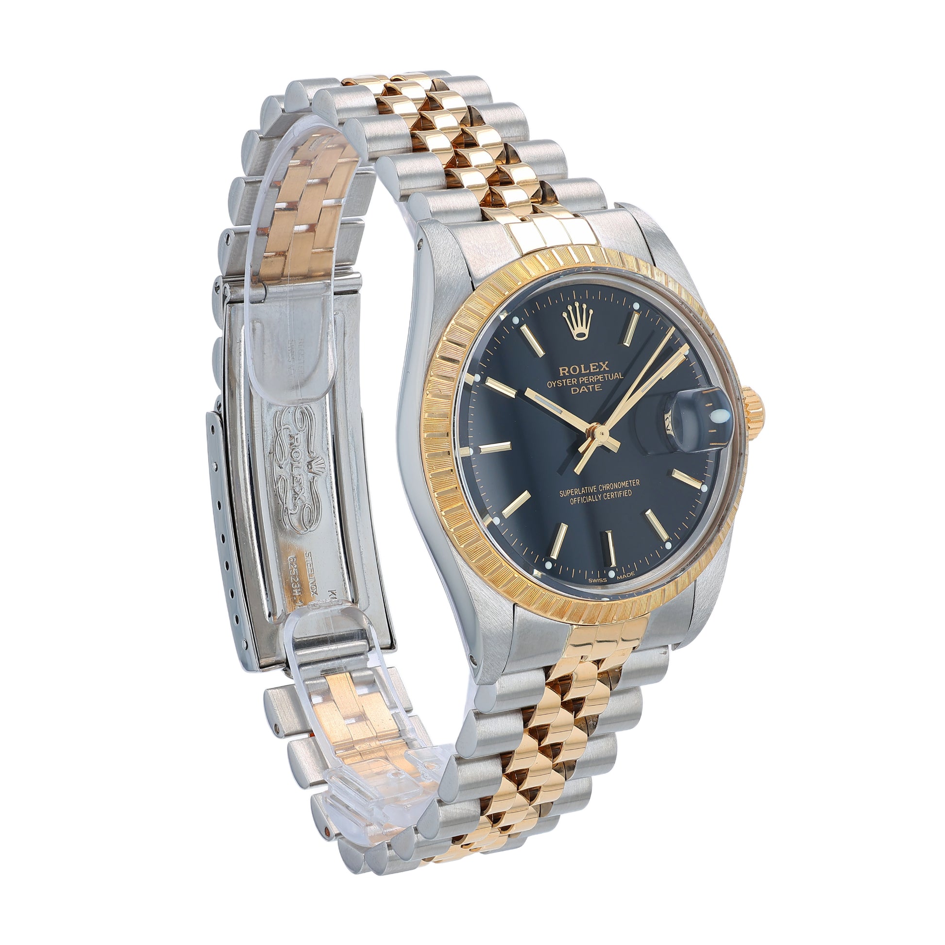Angle of a steel and yellow gold Rolex watch with black dial on a white background