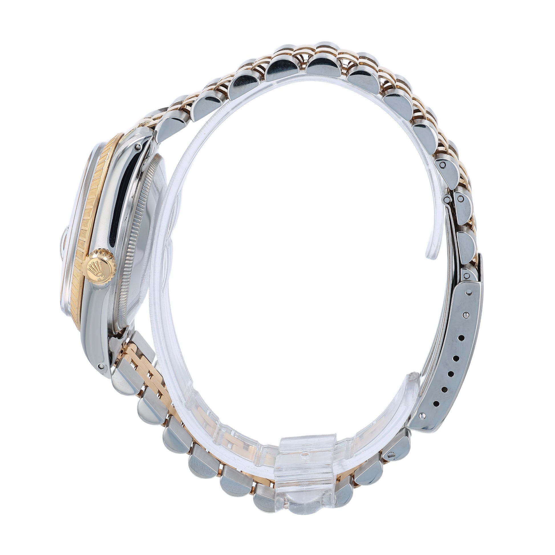 Side profile of a steel and yellow gold Rolex watch on a white background