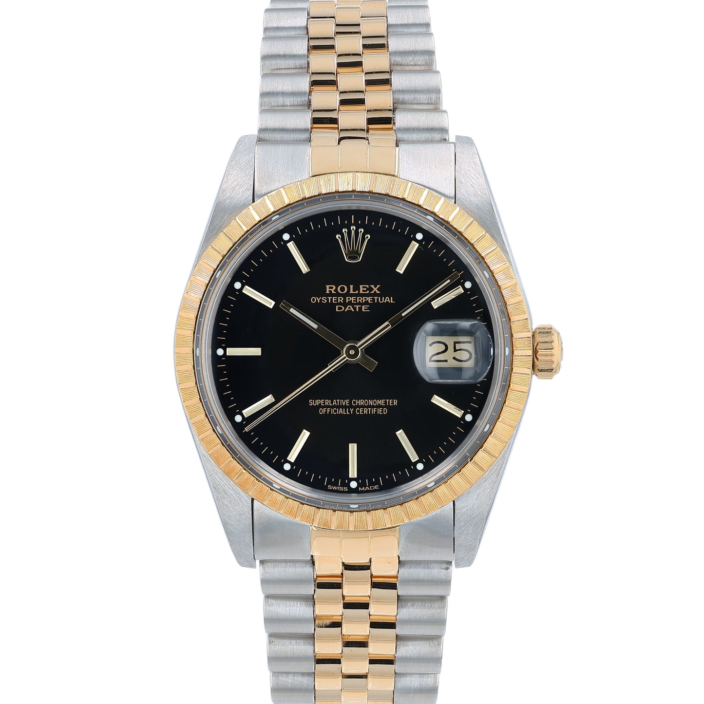 Steel and yellow gold Rolex watch with black dial on a white background