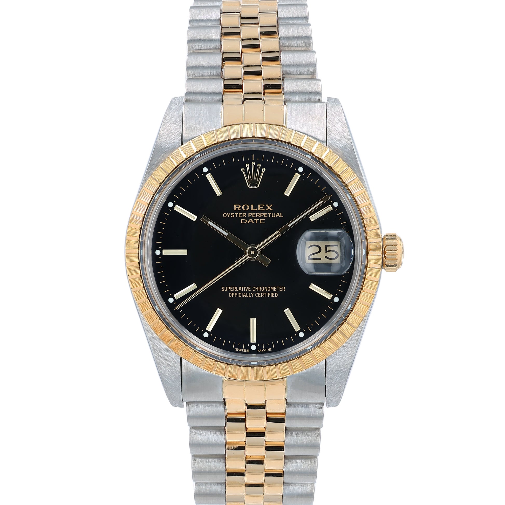 Steel and yellow gold Rolex watch with black dial on a white background