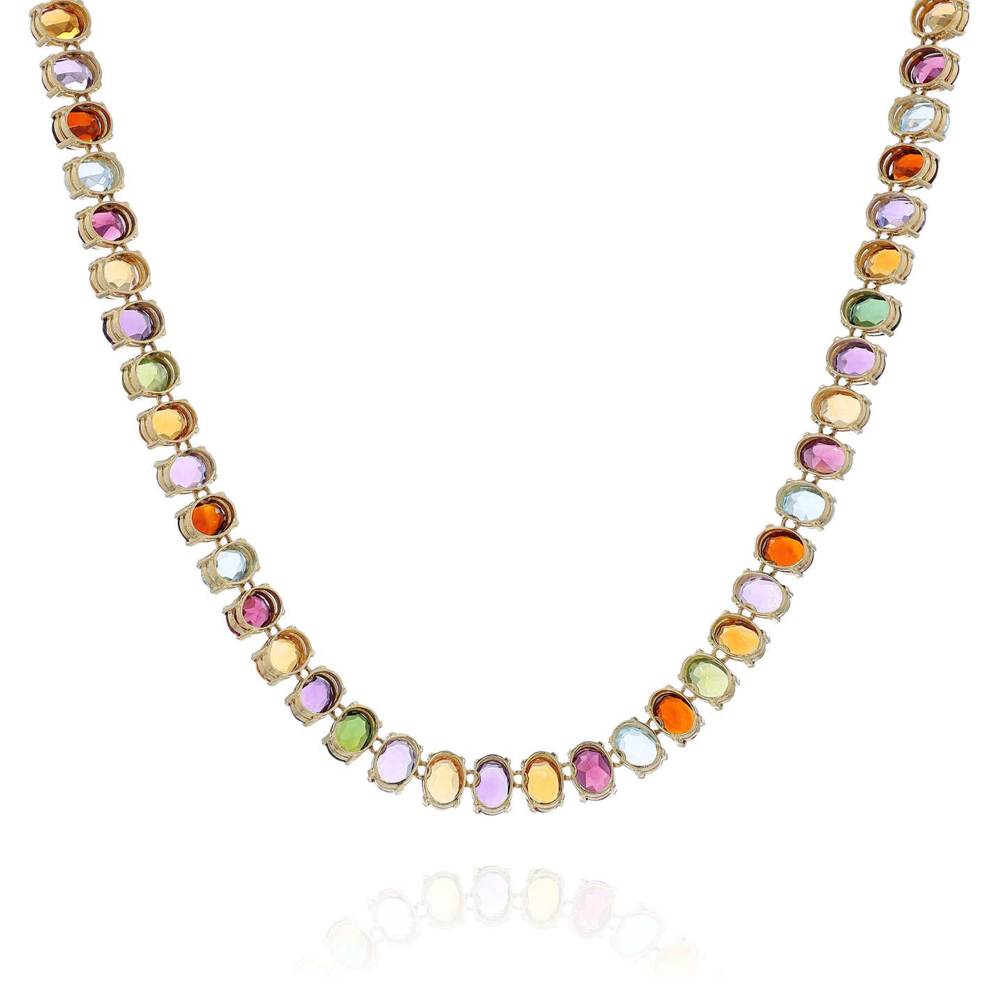 Yellow gold multicolored gemstone necklace on a white background