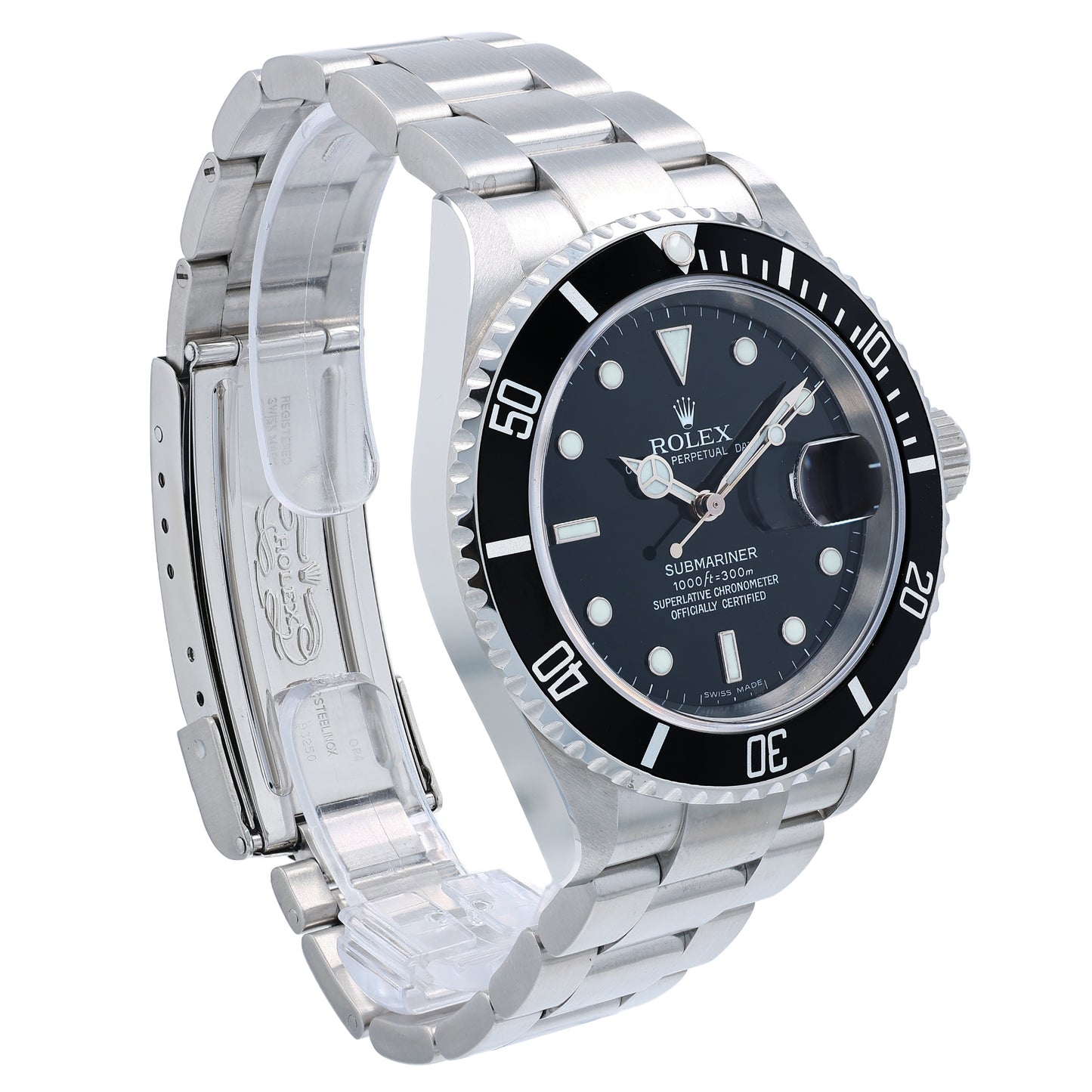 Angle of a Rolex Submariner watch with a black bezel and dial and silver metal bracelet on a white background