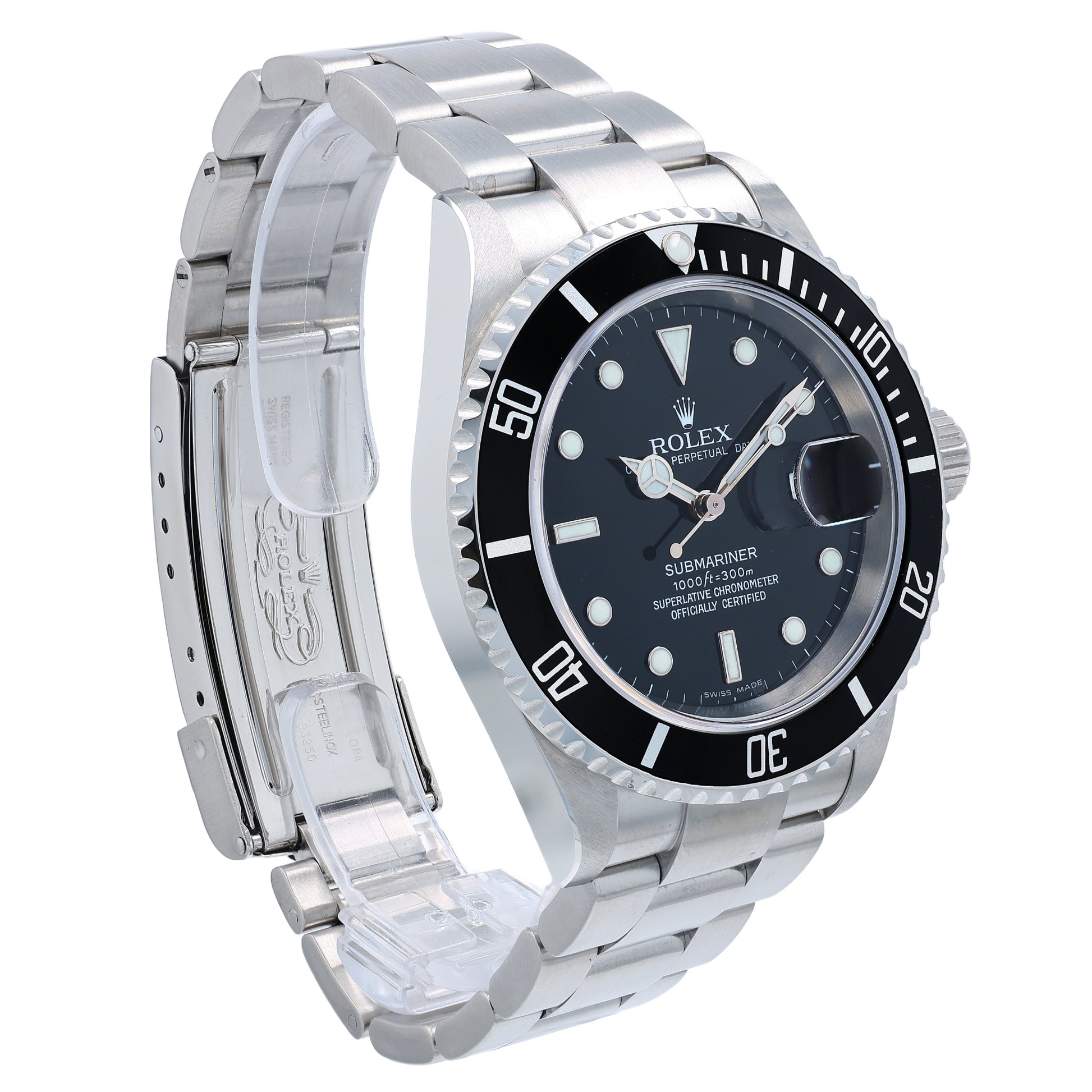 Angle of a Rolex Submariner watch with a black bezel and dial and silver metal bracelet on a white background