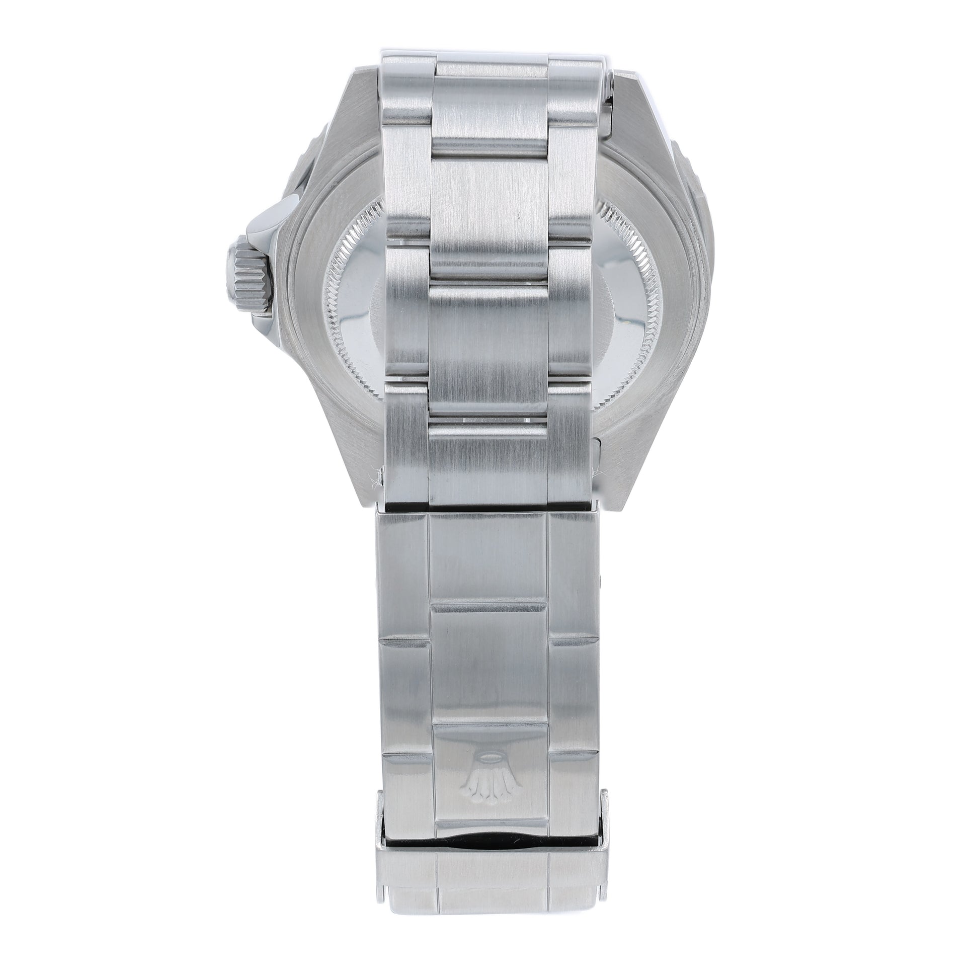 Back angle of a silver Rolex watch on a white background
