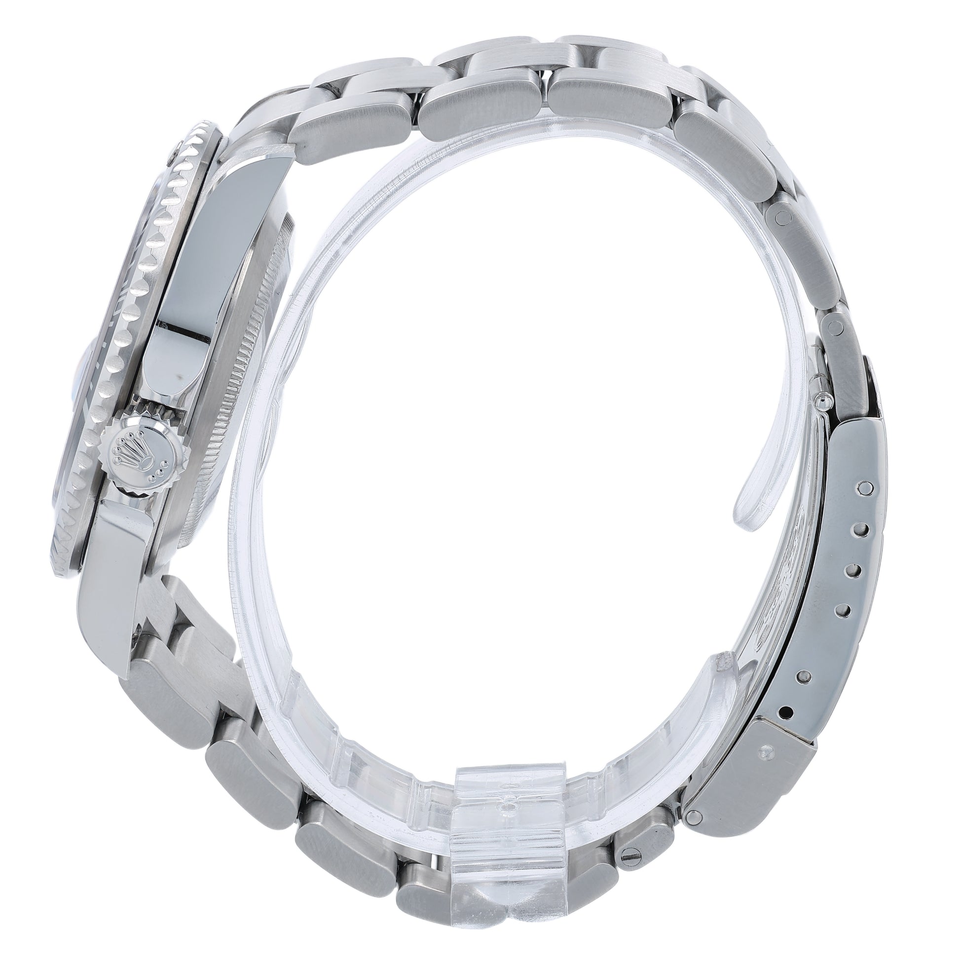 Side profile of a silver Rolex watch on a white background