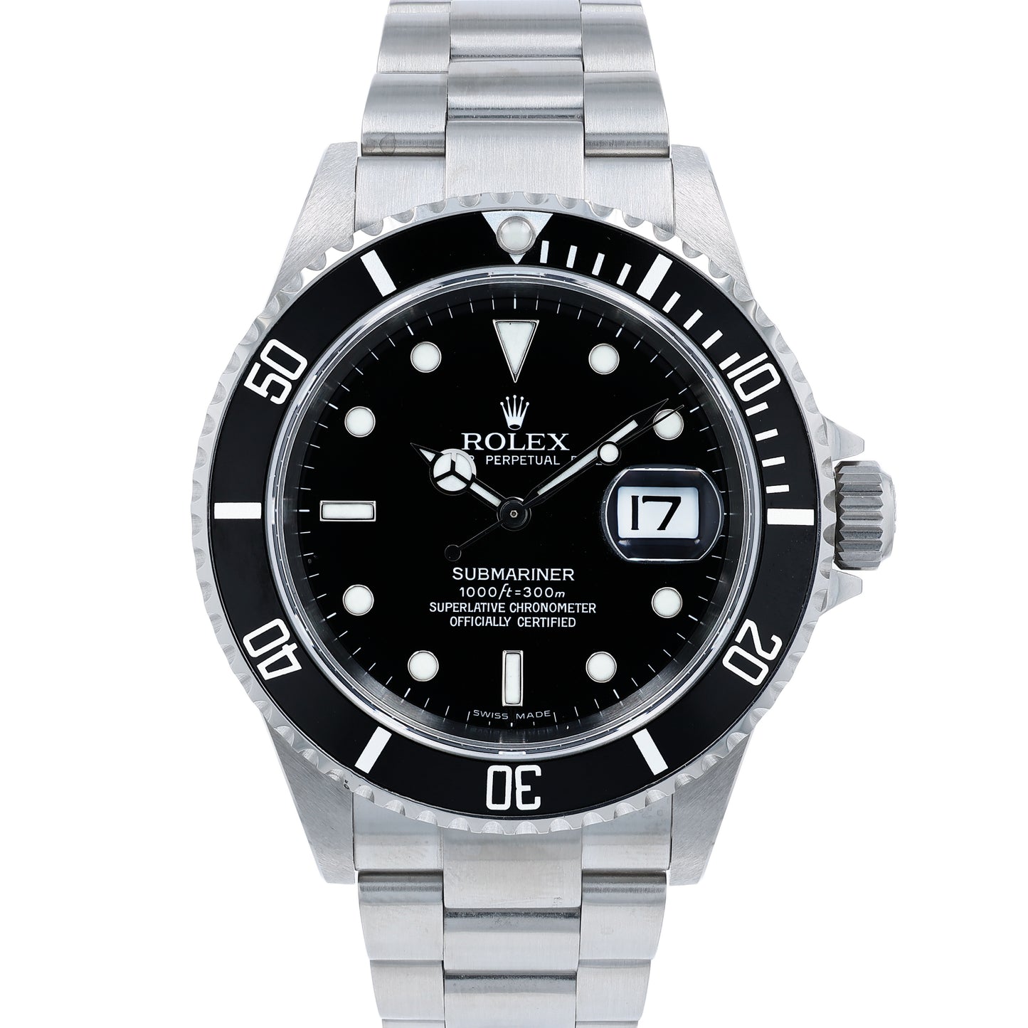 Rolex Submariner watch with a black bezel and dial and silver metal bracelet on a white background