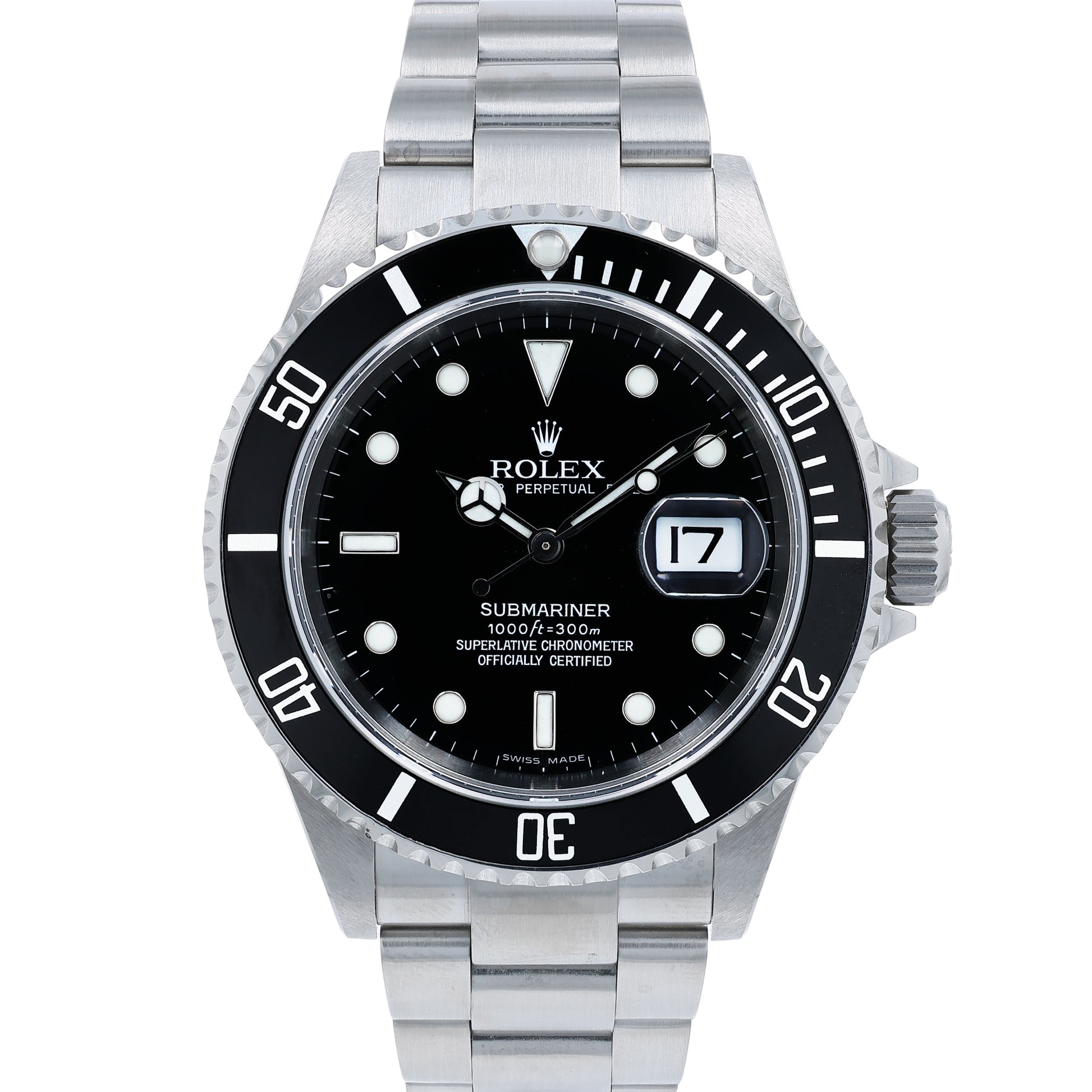 Rolex Submariner watch with a black bezel and dial and silver metal bracelet on a white background