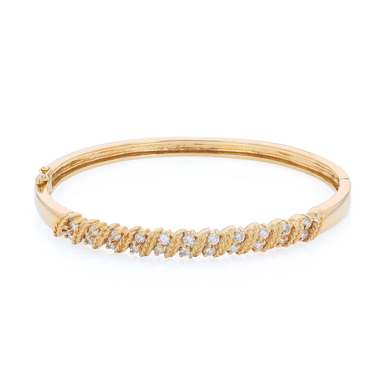 Yellow gold rope border diamond bangle bracelet on a white background
