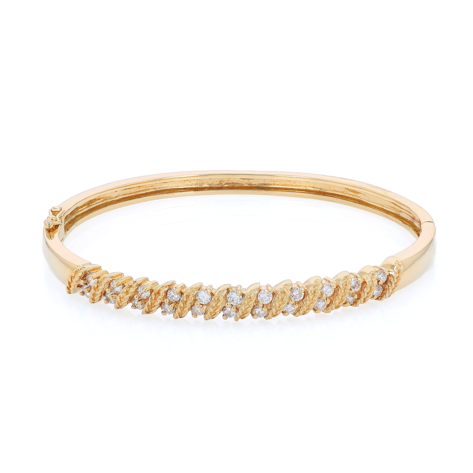 Yellow gold rope border diamond bangle bracelet on a white background