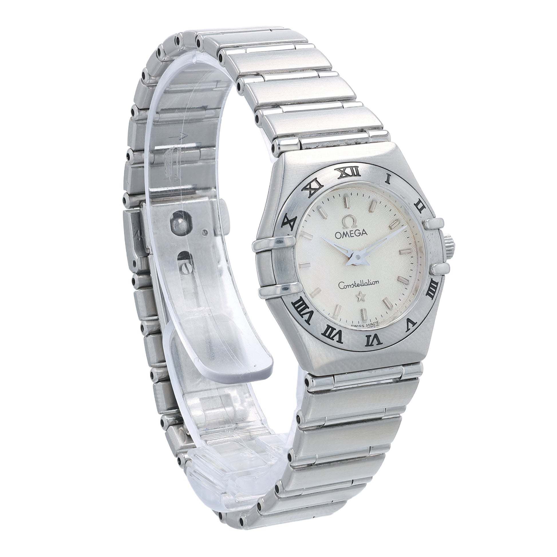 Angle of a silver Omega watch with a white dial and a roman numeral bezel on a white background