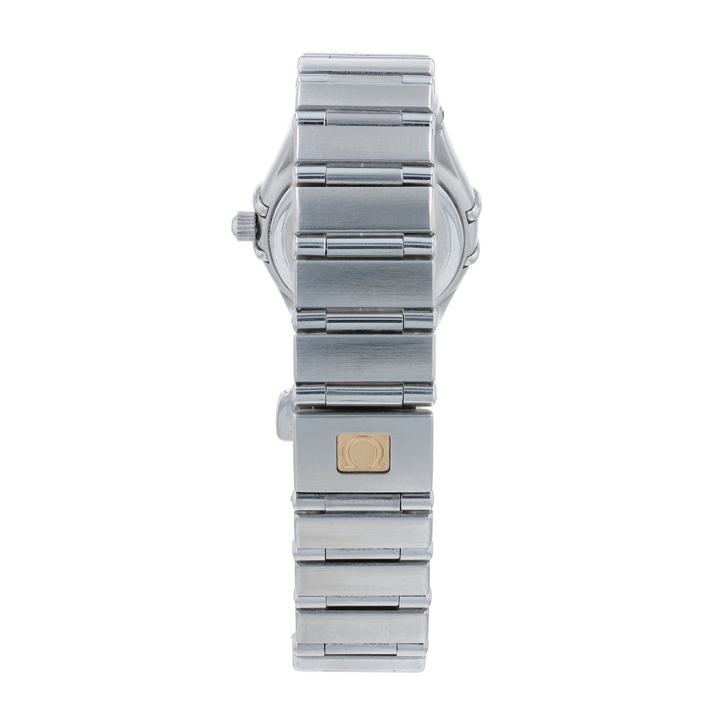 Back angle of a silver watch with Omega watch logo on the clasp on a white background