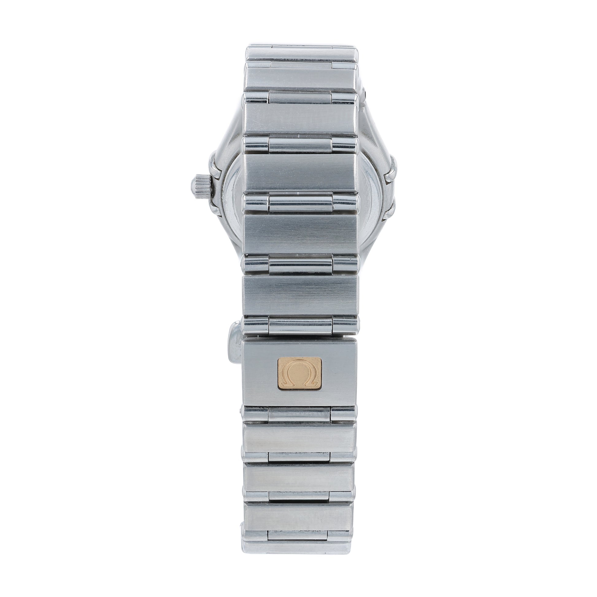Back angle of a silver watch with Omega watch logo on the clasp on a white background