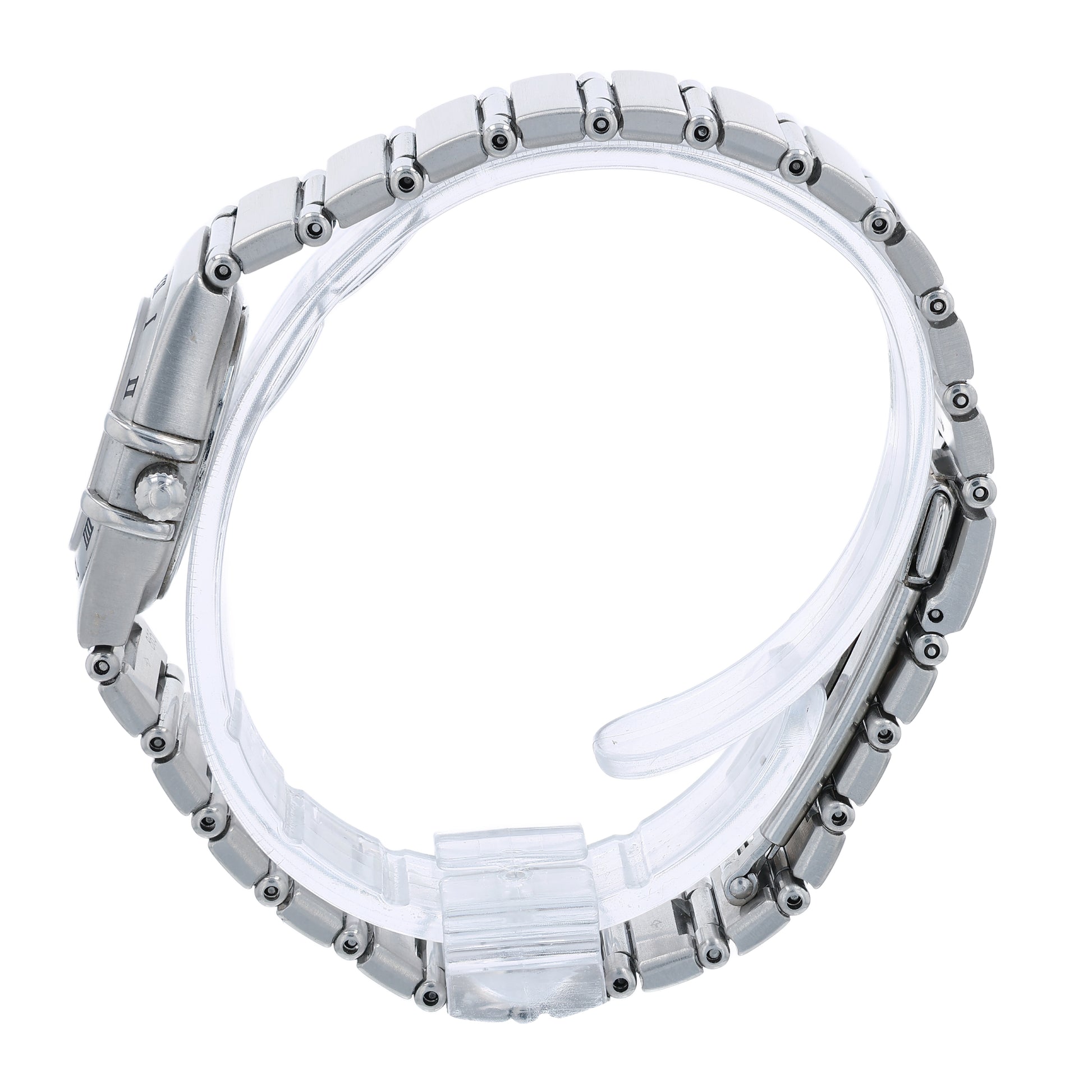 Side profile of a silver watch with Omega watch logo on the crown on a white background