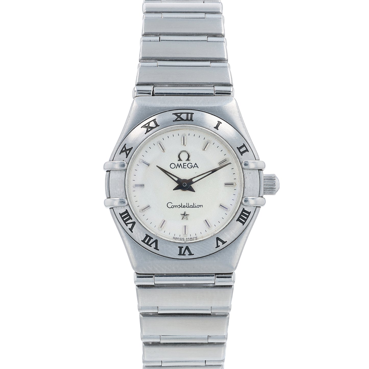 Silver Omega watch with a white dial and a roman numeral bezel on a white background
