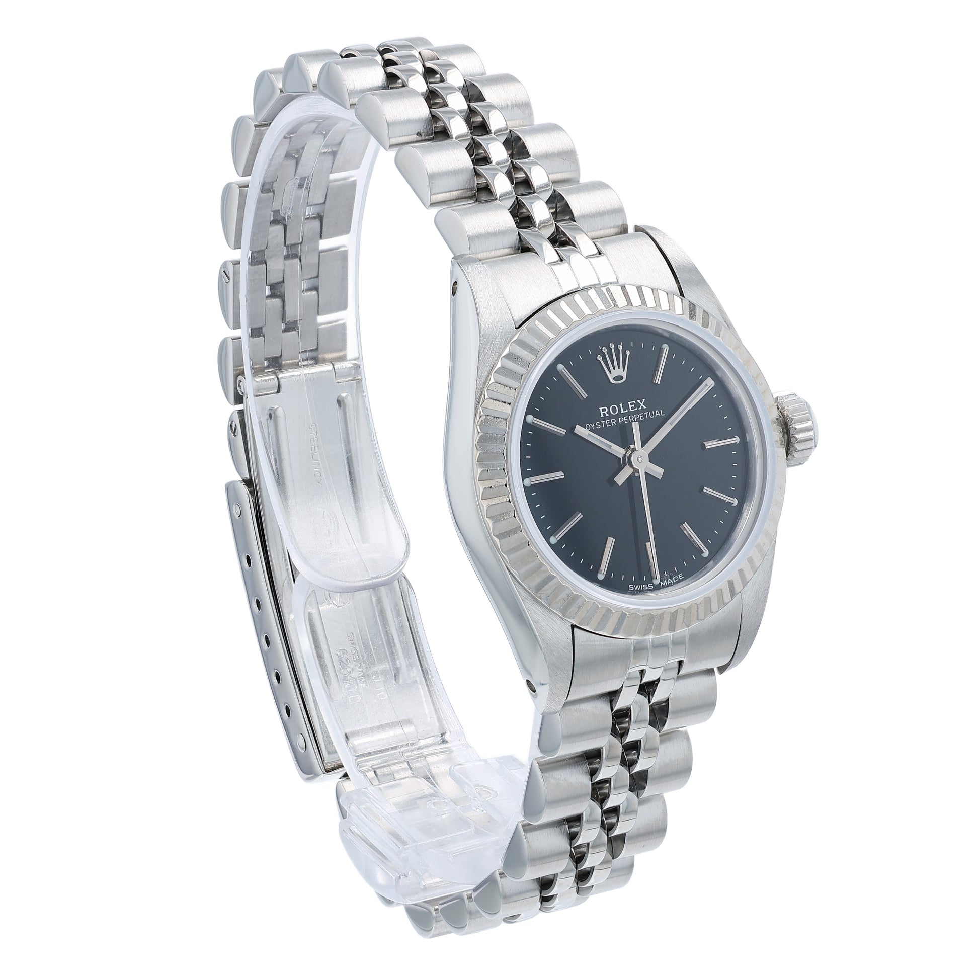 Angle of a silver Rolex watch with a black dial on a white background