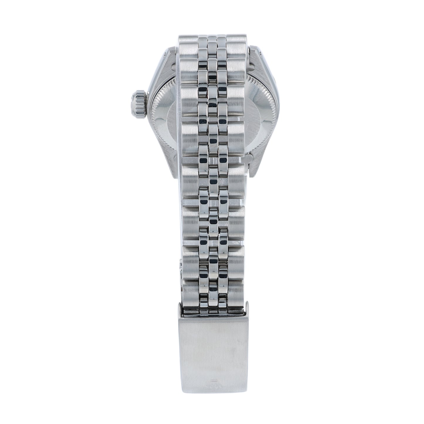 Back angle of a silver Rolex watch on a white background