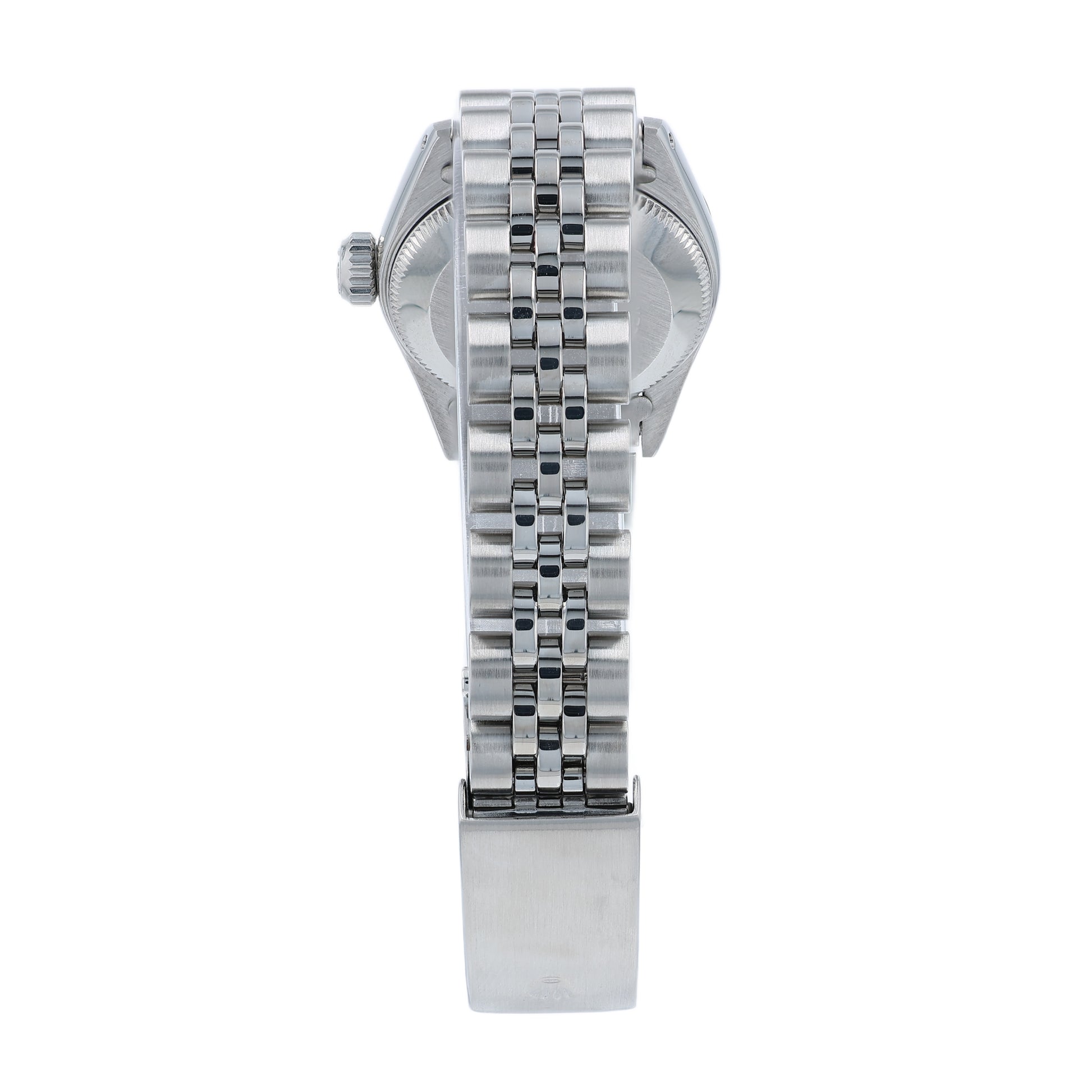 Back angle of a silver Rolex watch on a white background