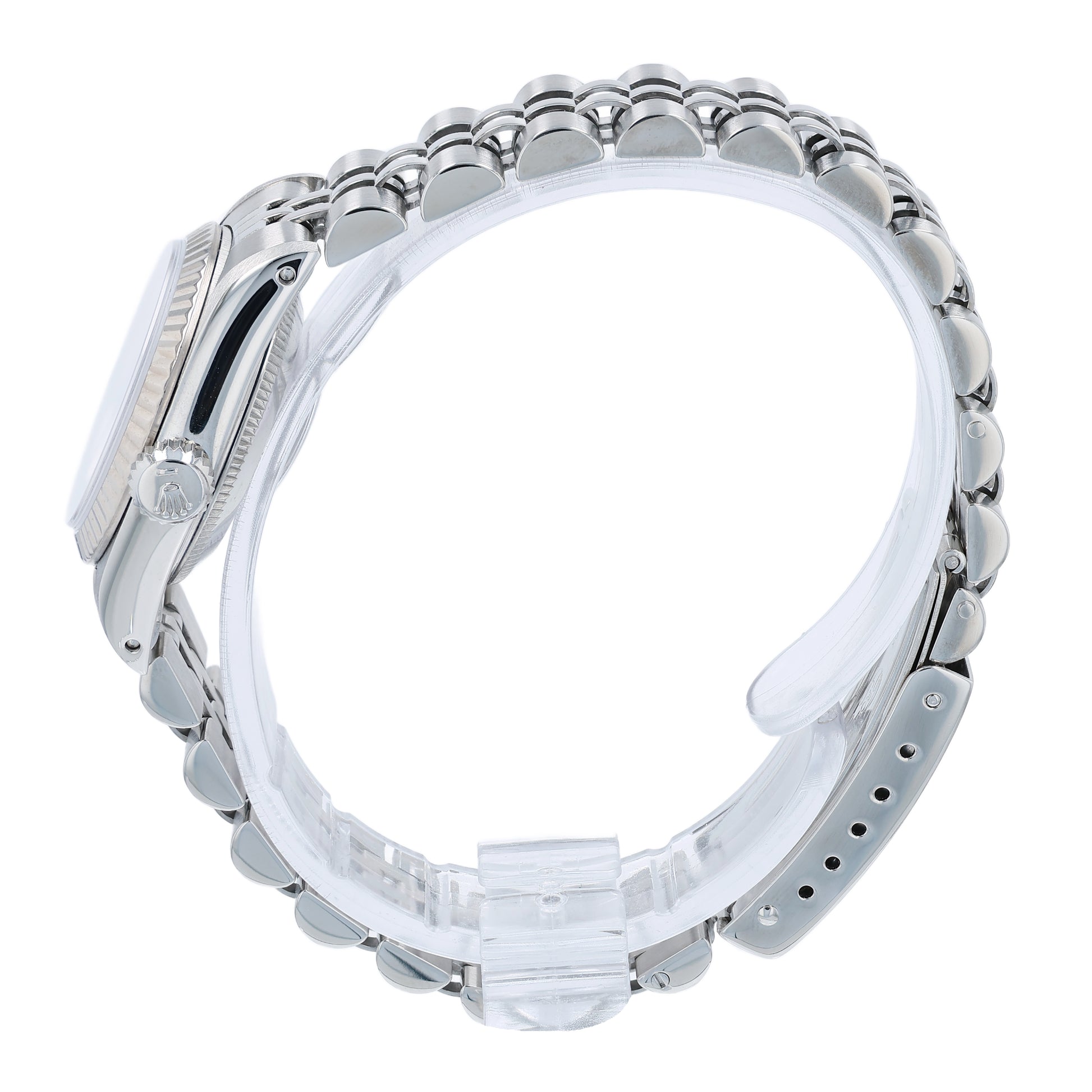 Side profile of a silver Rolex watch on a white background
