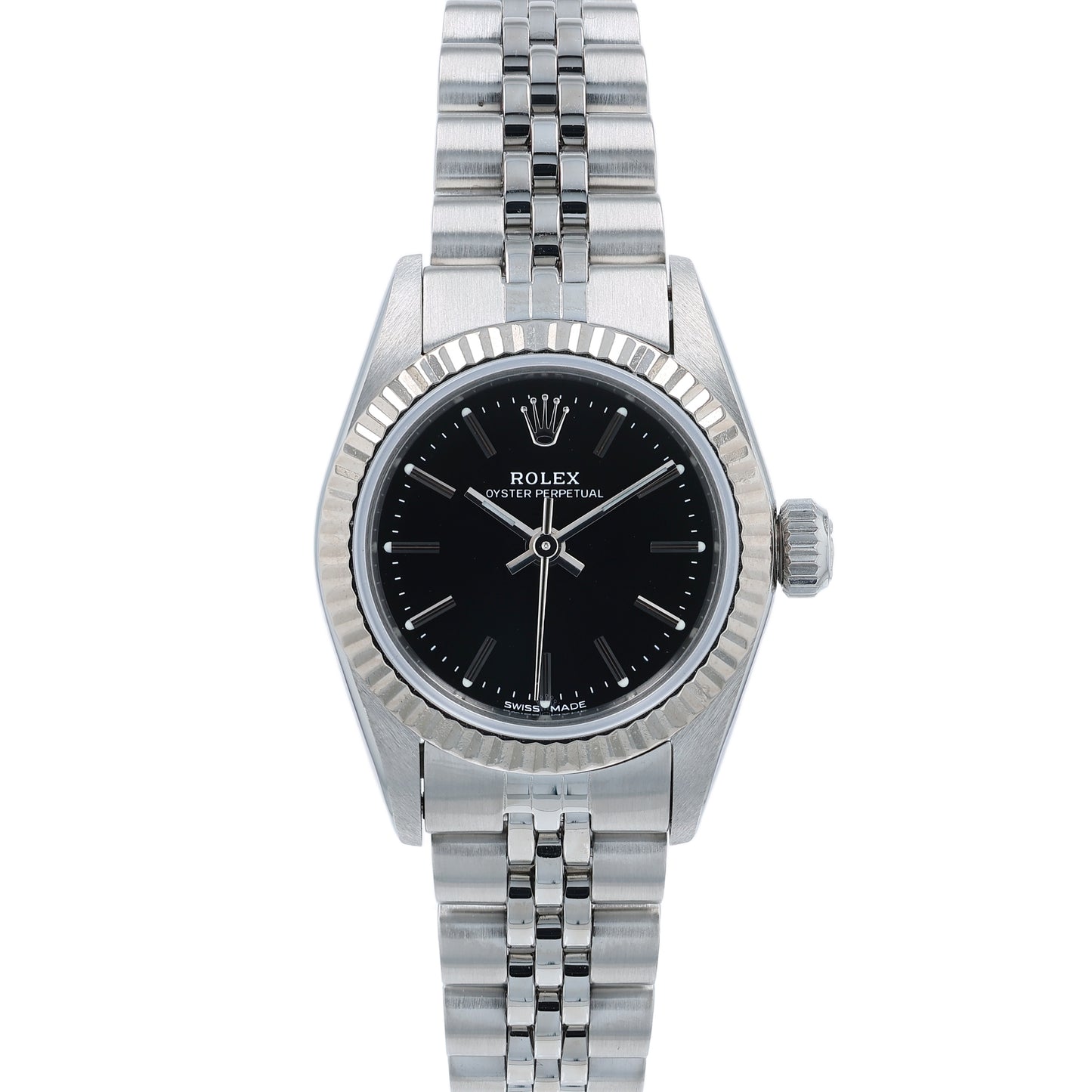 Silver Rolex watch with a black dial on a white background