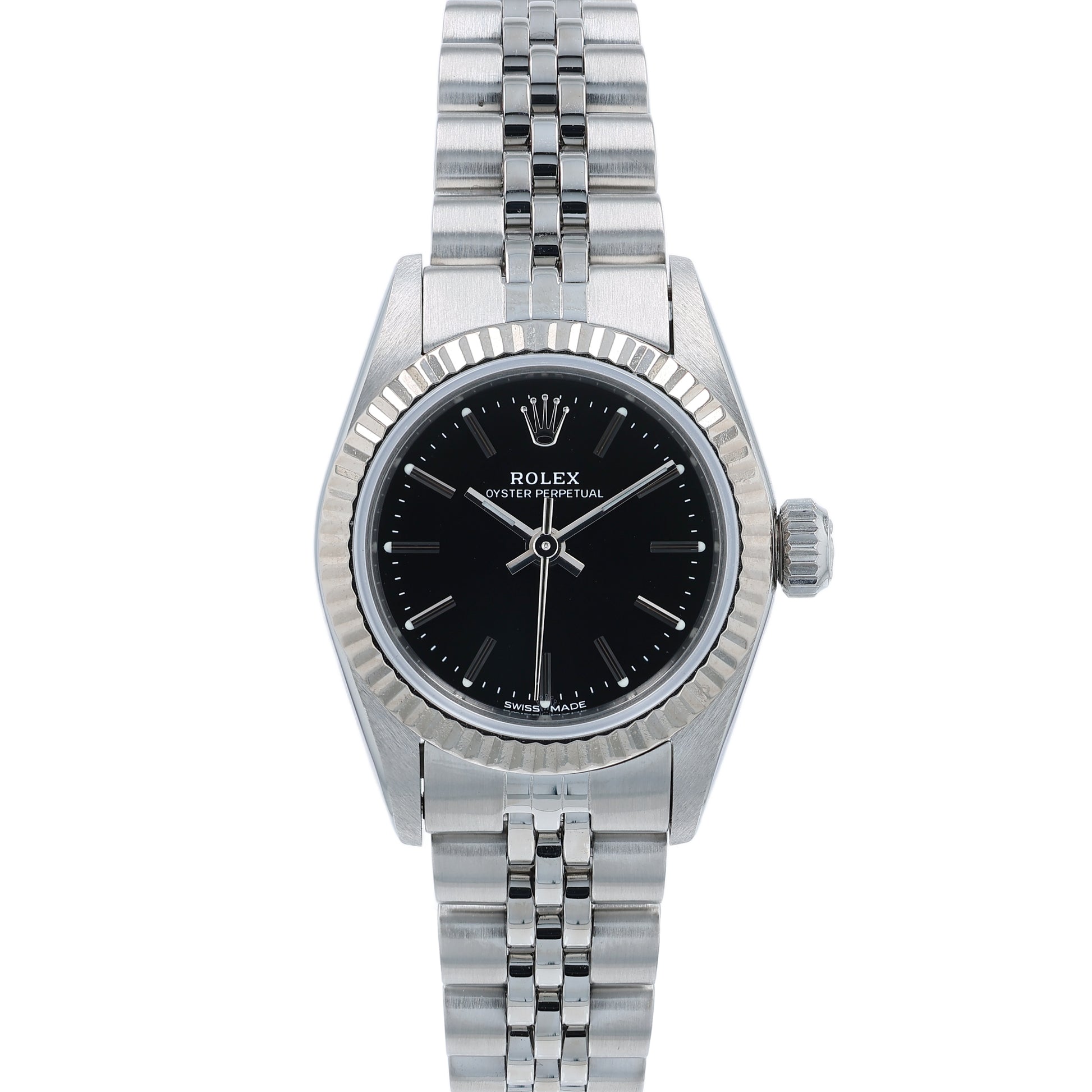 Silver Rolex watch with a black dial on a white background