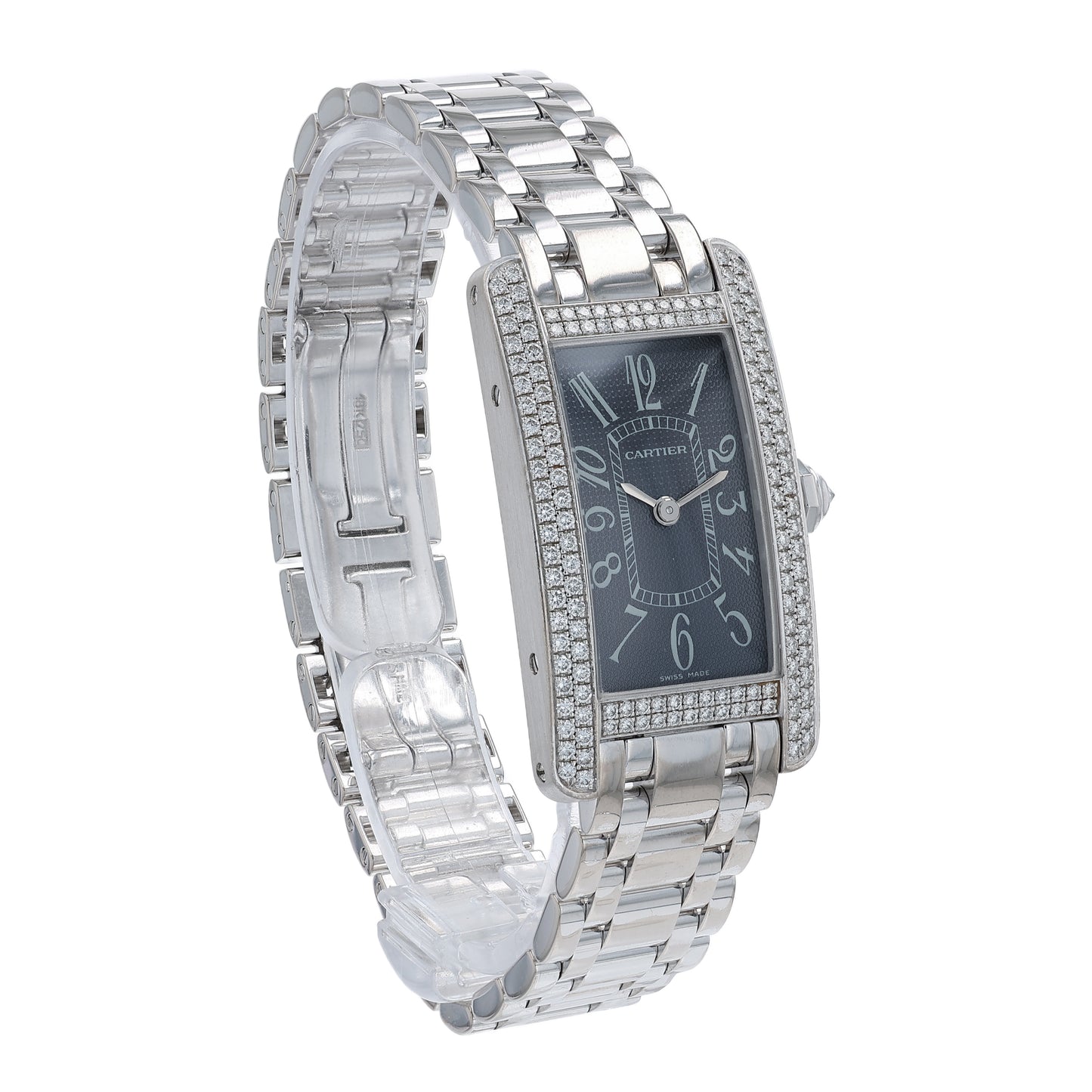Angle of a Cartier watch with a diamond bezel and grey dial on a white background