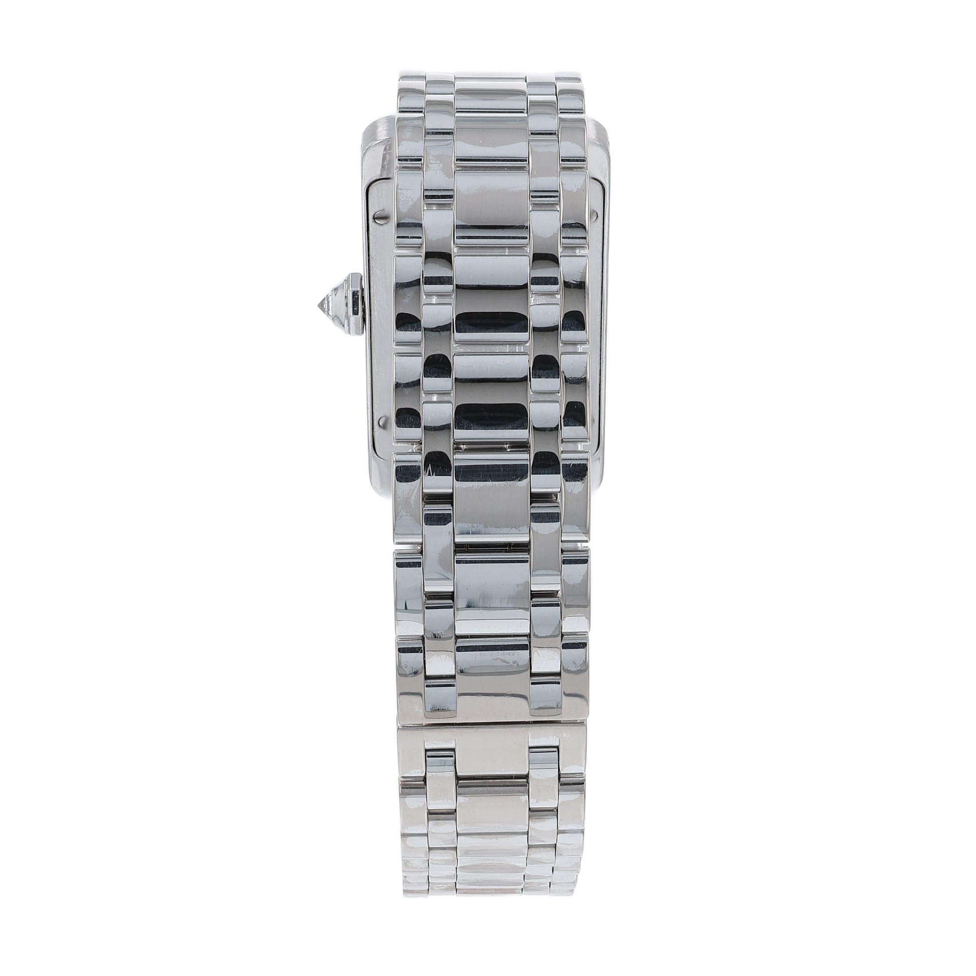 Back angle of a Cartier watch on a white background