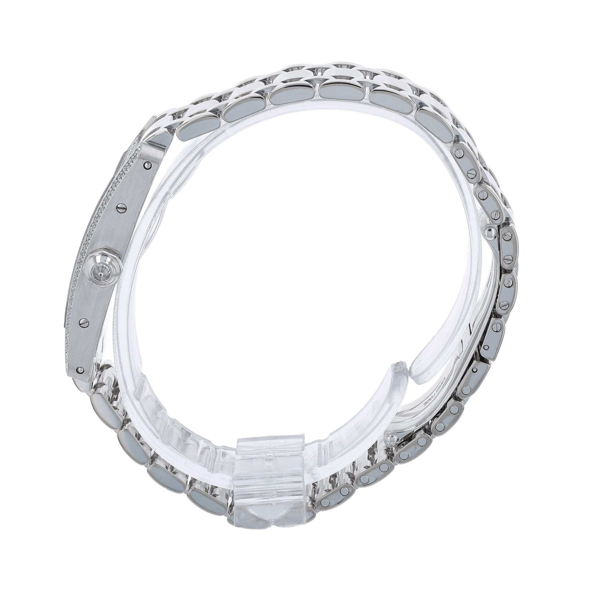 Side profile of a Cartier watch on a white background