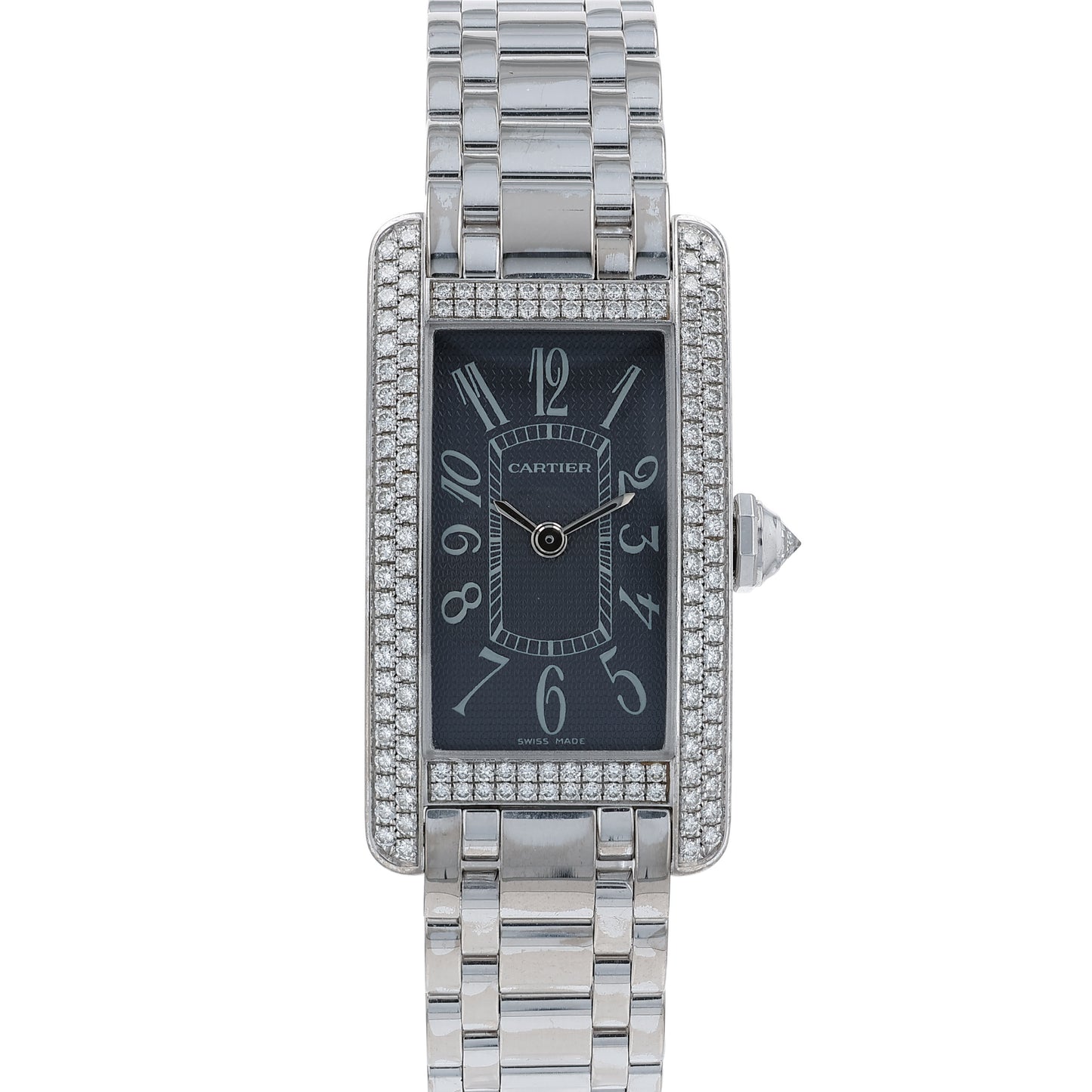 Cartier watch with a diamond bezel and grey dial on a white background